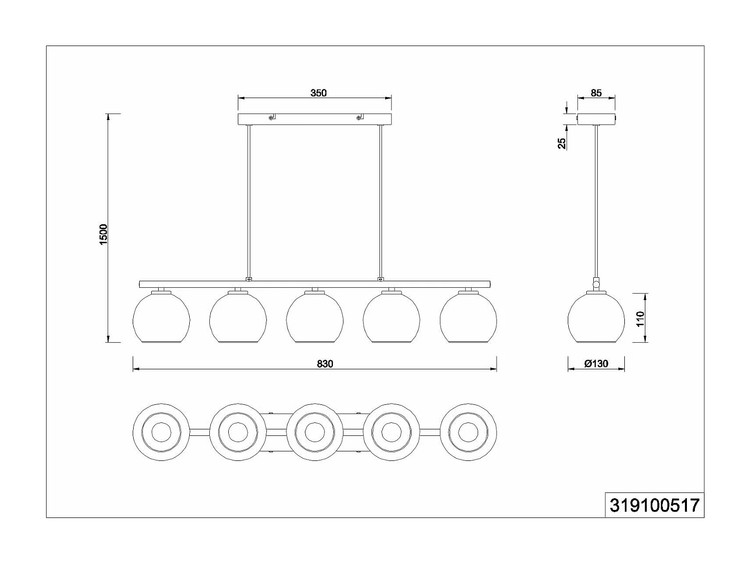 Lampada a sospensione 5 vetri, metallo, nero e multicolor, L 83 cm, Sheldon
