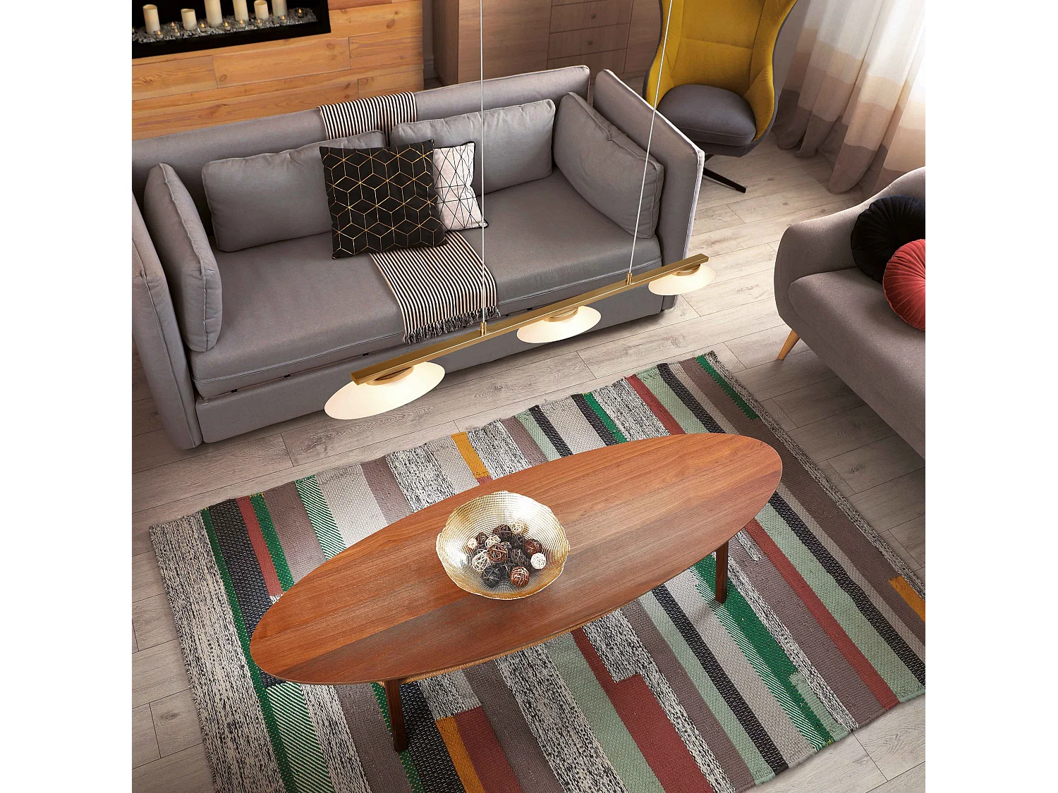 Lampada a sospensione LED 3 diffusori, ottone anticato, L 102 cm, Merton