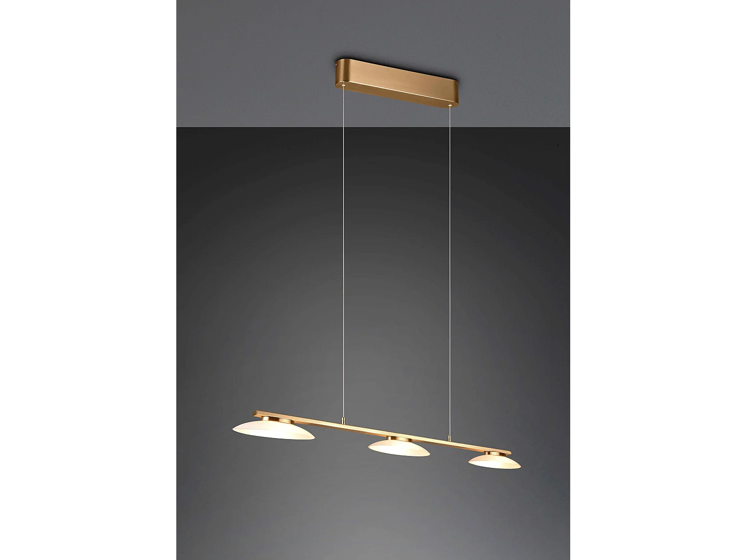 Lampada a sospensione LED 3 diffusori, ottone anticato, L 102 cm, Merton