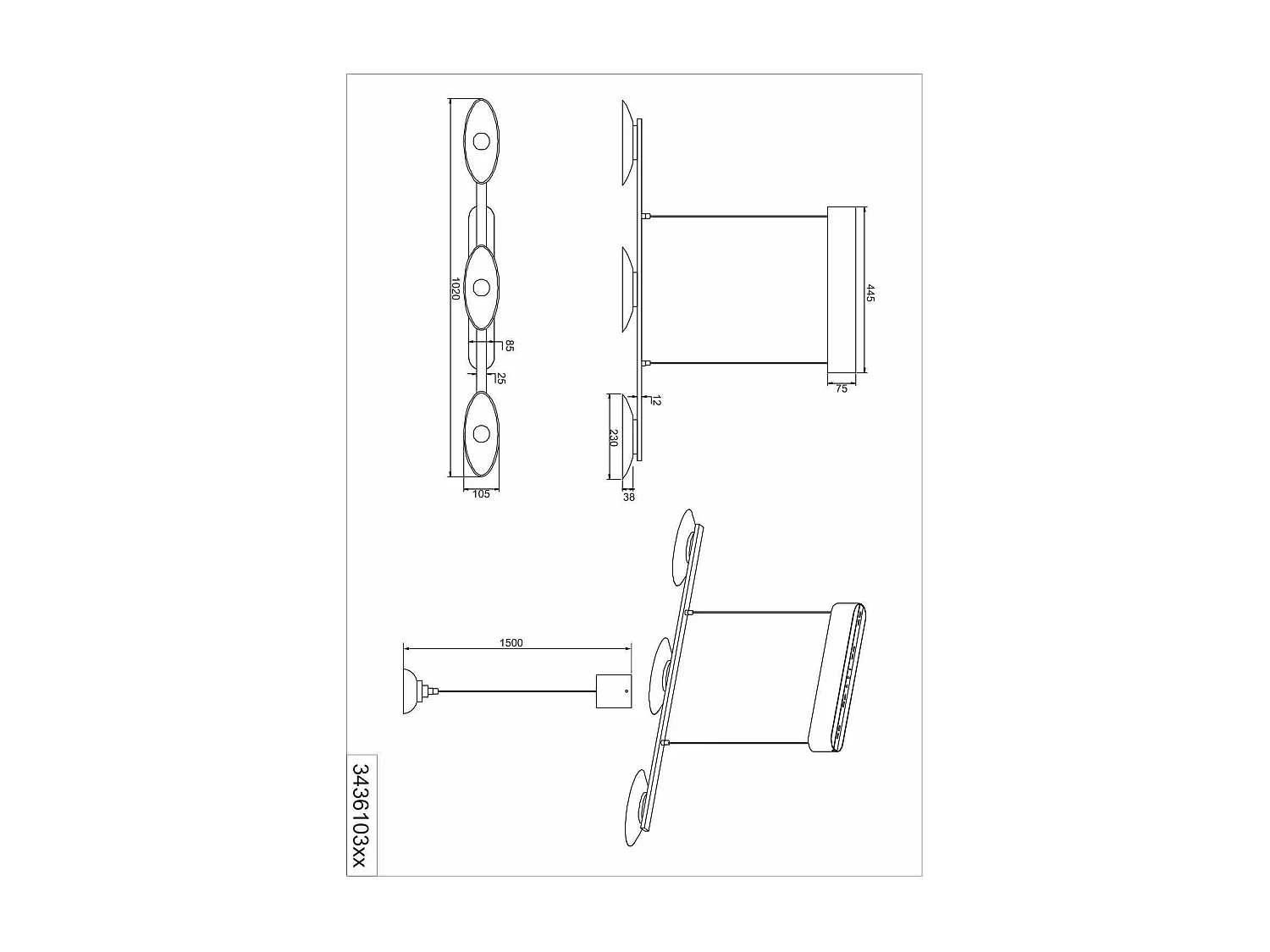 Lampada a sospensione LED 3 diffusori, ottone anticato, L 102 cm, Merton