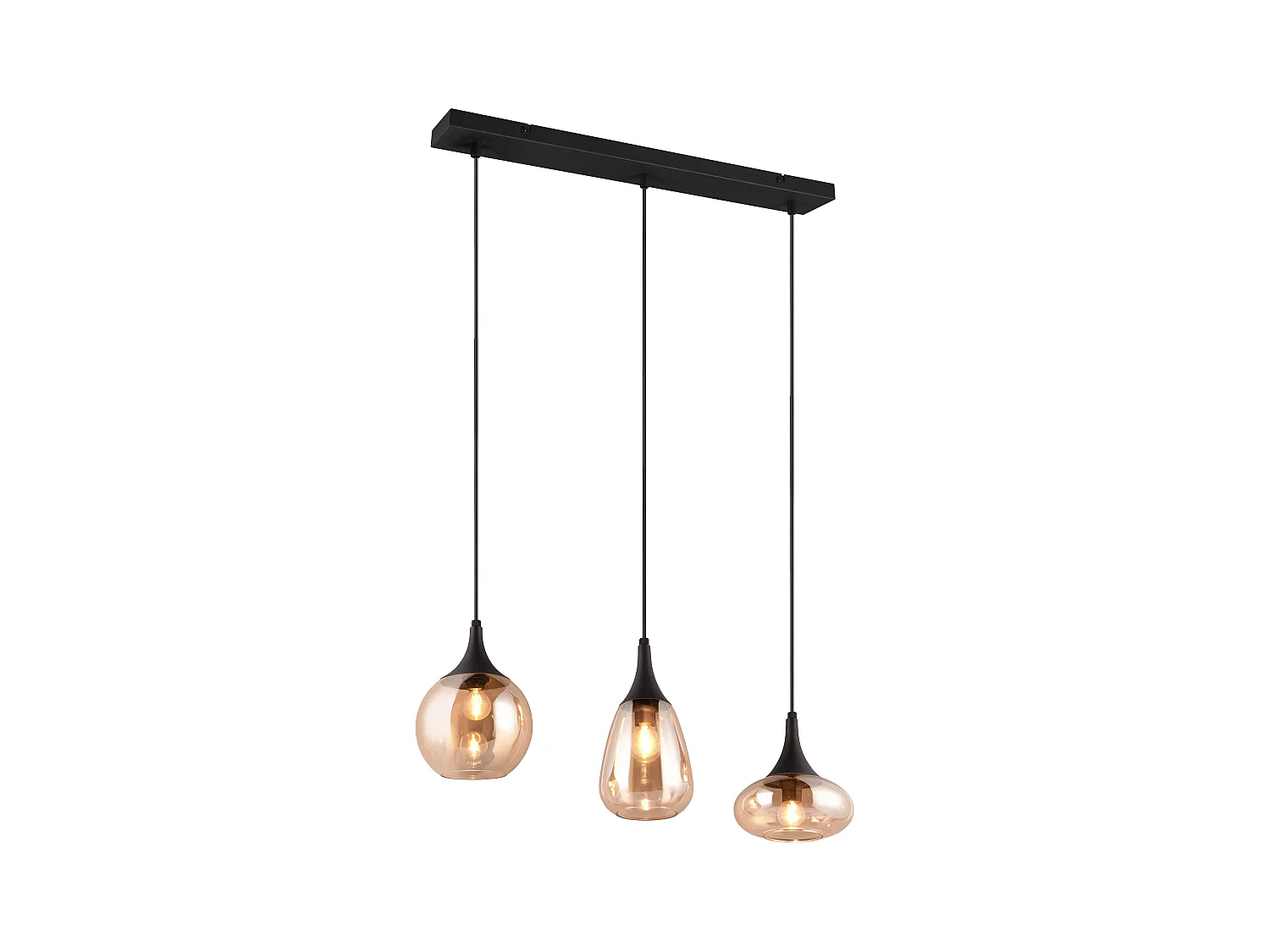 Lampada a sopensione 3 diffusori, metallo, nero e ambra, L 68 cm, Lumina