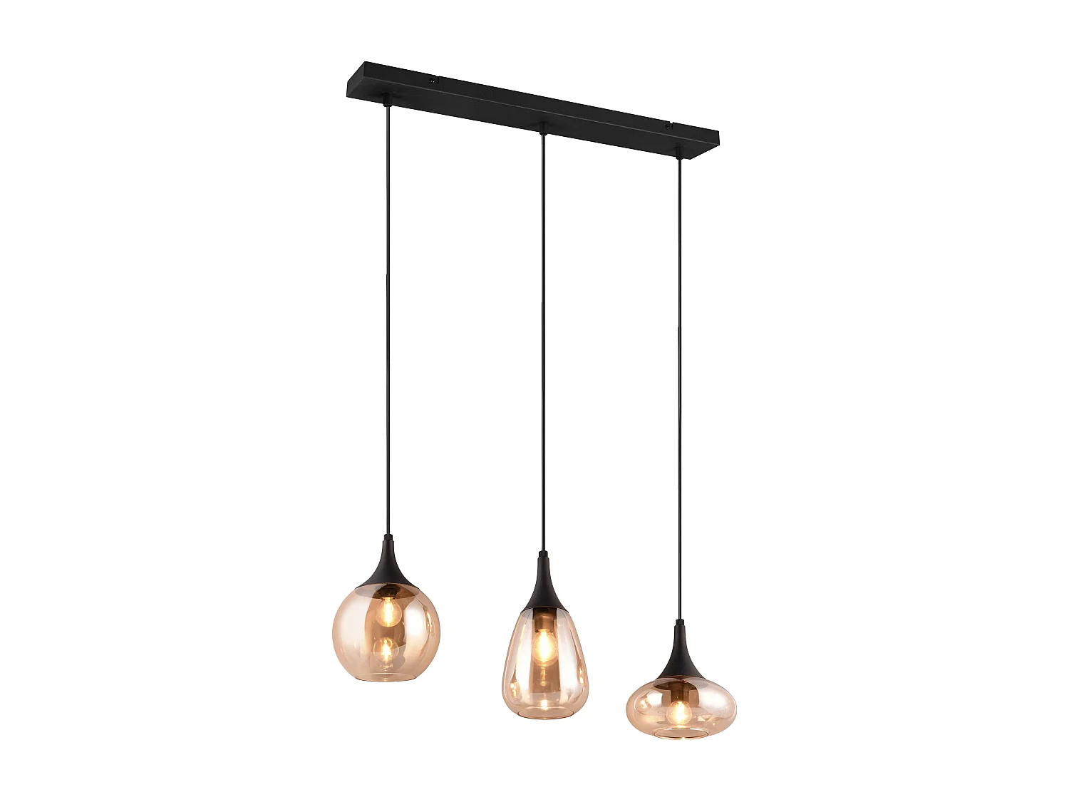 Lampada a sopensione 3 diffusori, metallo, nero e ambra, L 68 cm, Lumina