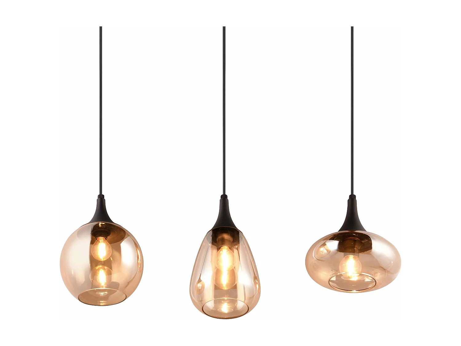 Lampada a sopensione 3 diffusori, metallo, nero e ambra, L 68 cm, Lumina