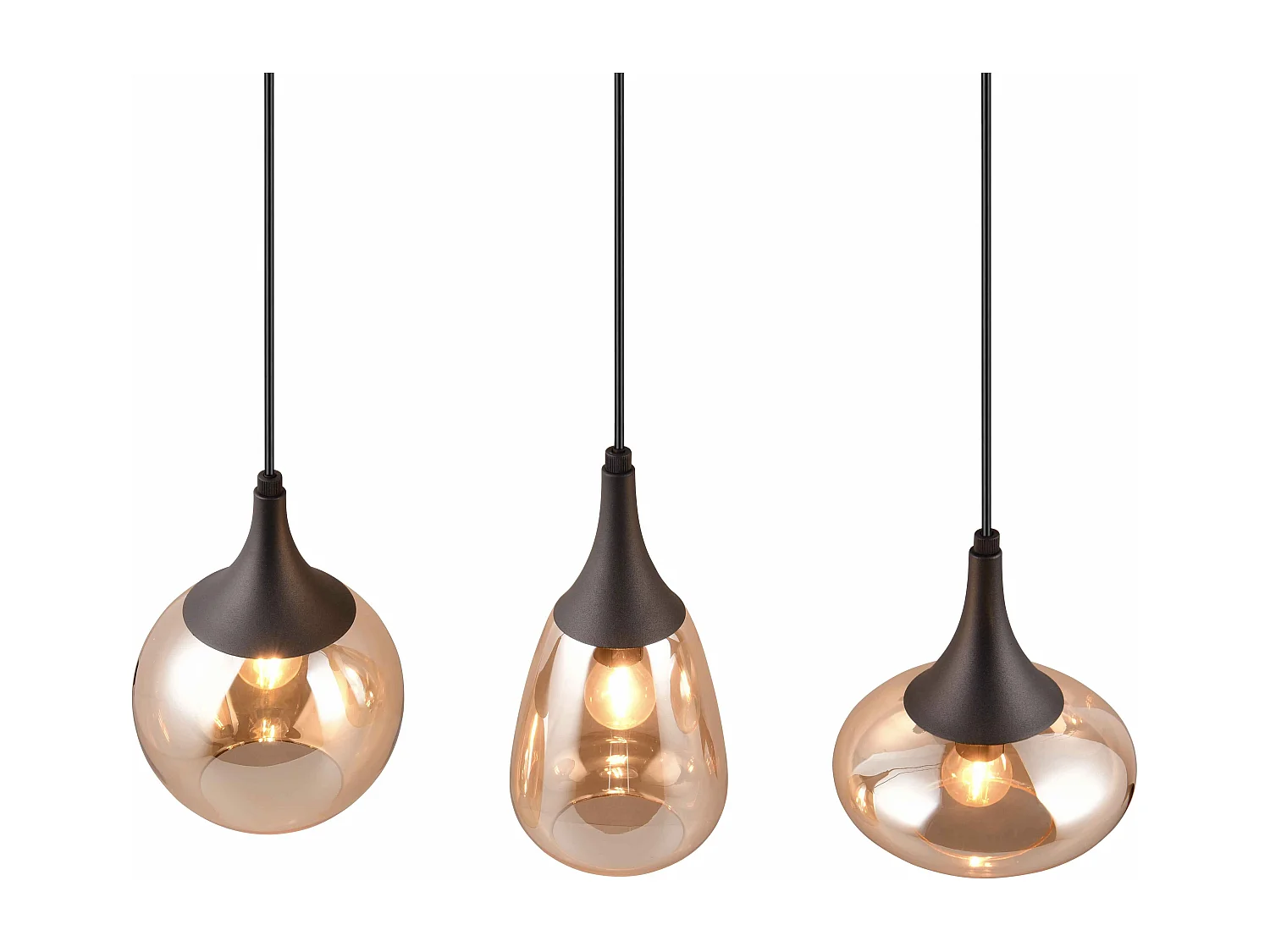 Lampada a sopensione 3 diffusori, metallo, nero e ambra, L 68 cm, Lumina