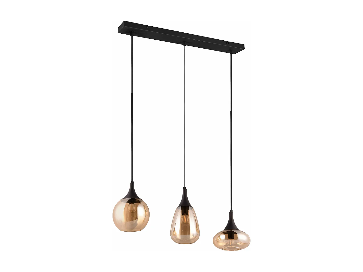 Lampada a sopensione 3 diffusori, metallo, nero e ambra, L 68 cm, Lumina