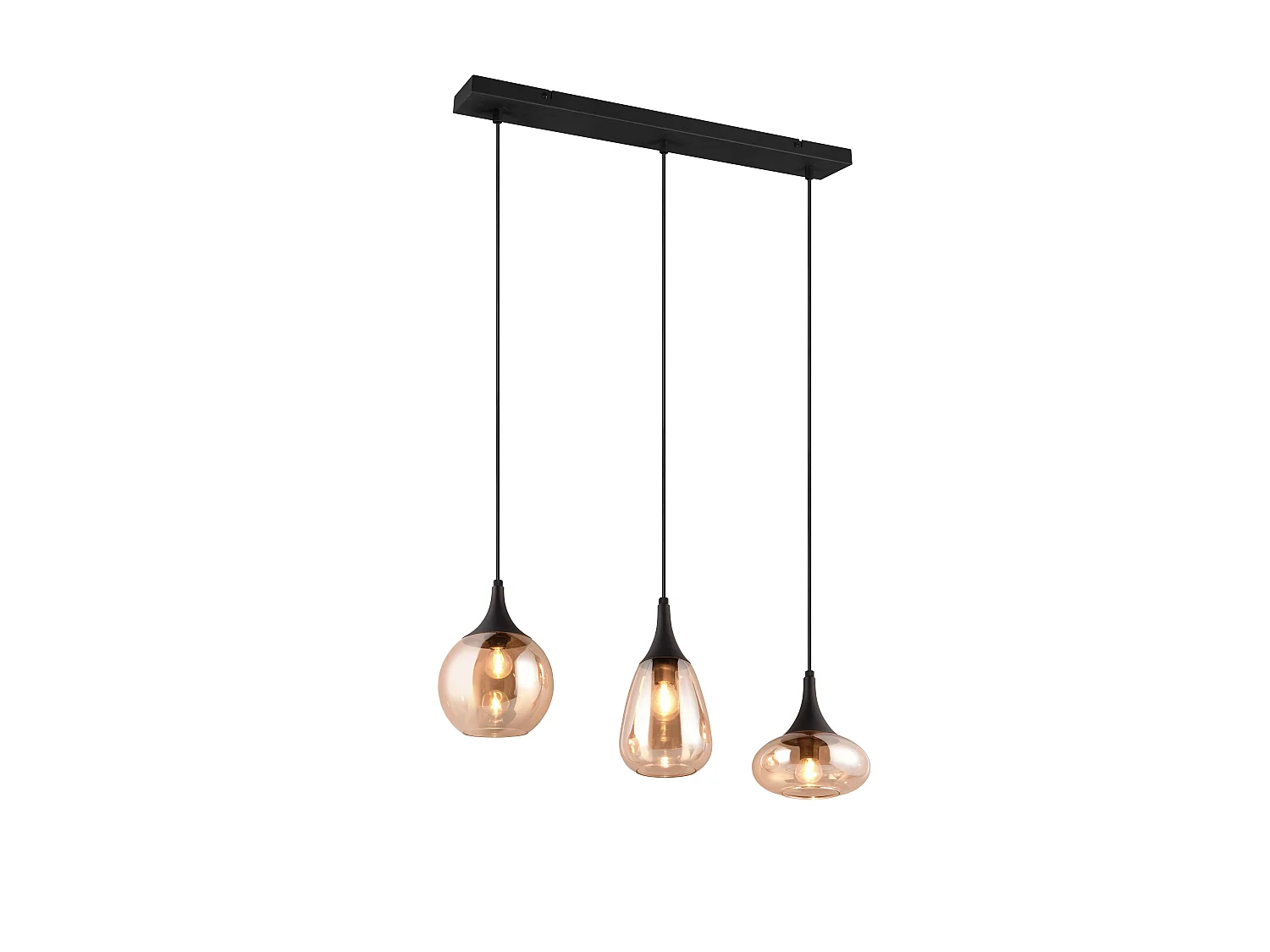 Lampada a sopensione 3 diffusori, metallo, nero e ambra, L 68 cm, Lumina