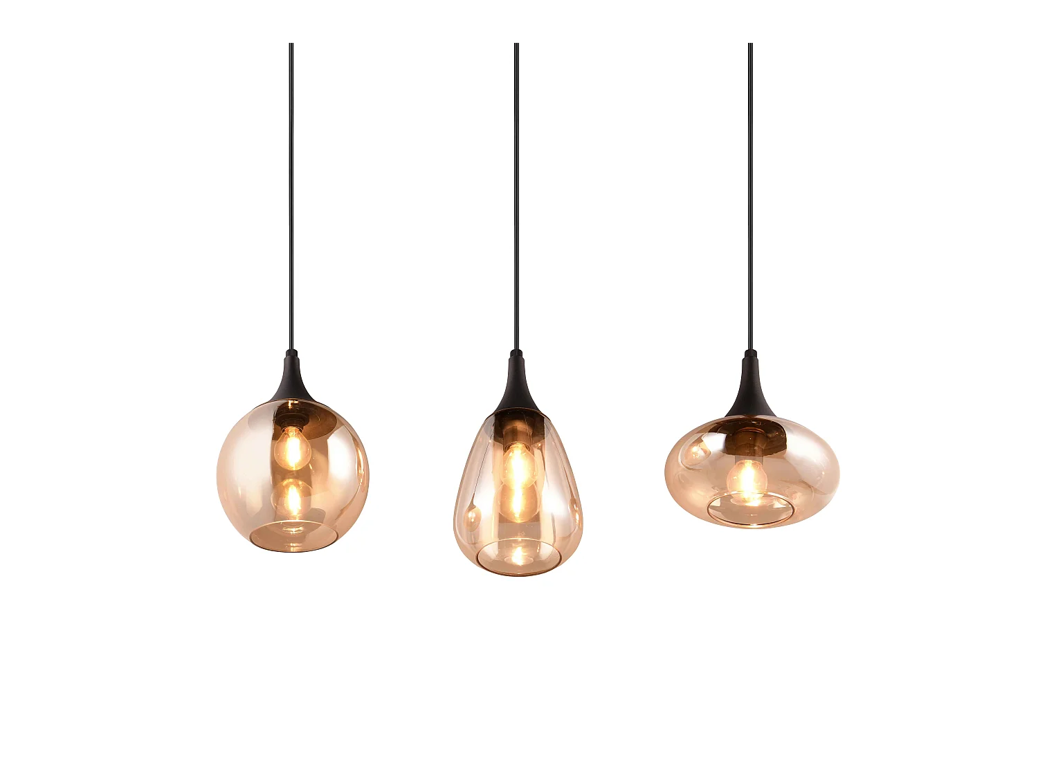 Lampada a sopensione 3 diffusori, metallo, nero e ambra, L 68 cm, Lumina