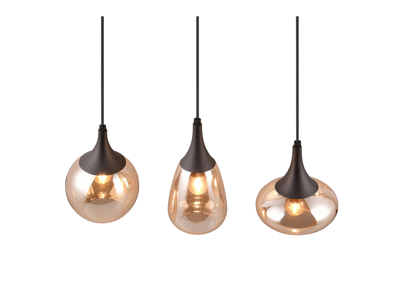 Lampada a sopensione 3 diffusori, metallo, nero e ambra, L 68 cm, Lumina
