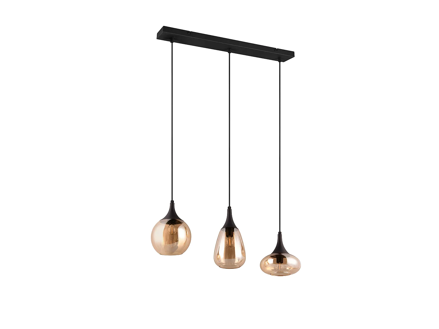 Lampada a sopensione 3 diffusori, metallo, nero e ambra, L 68 cm, Lumina