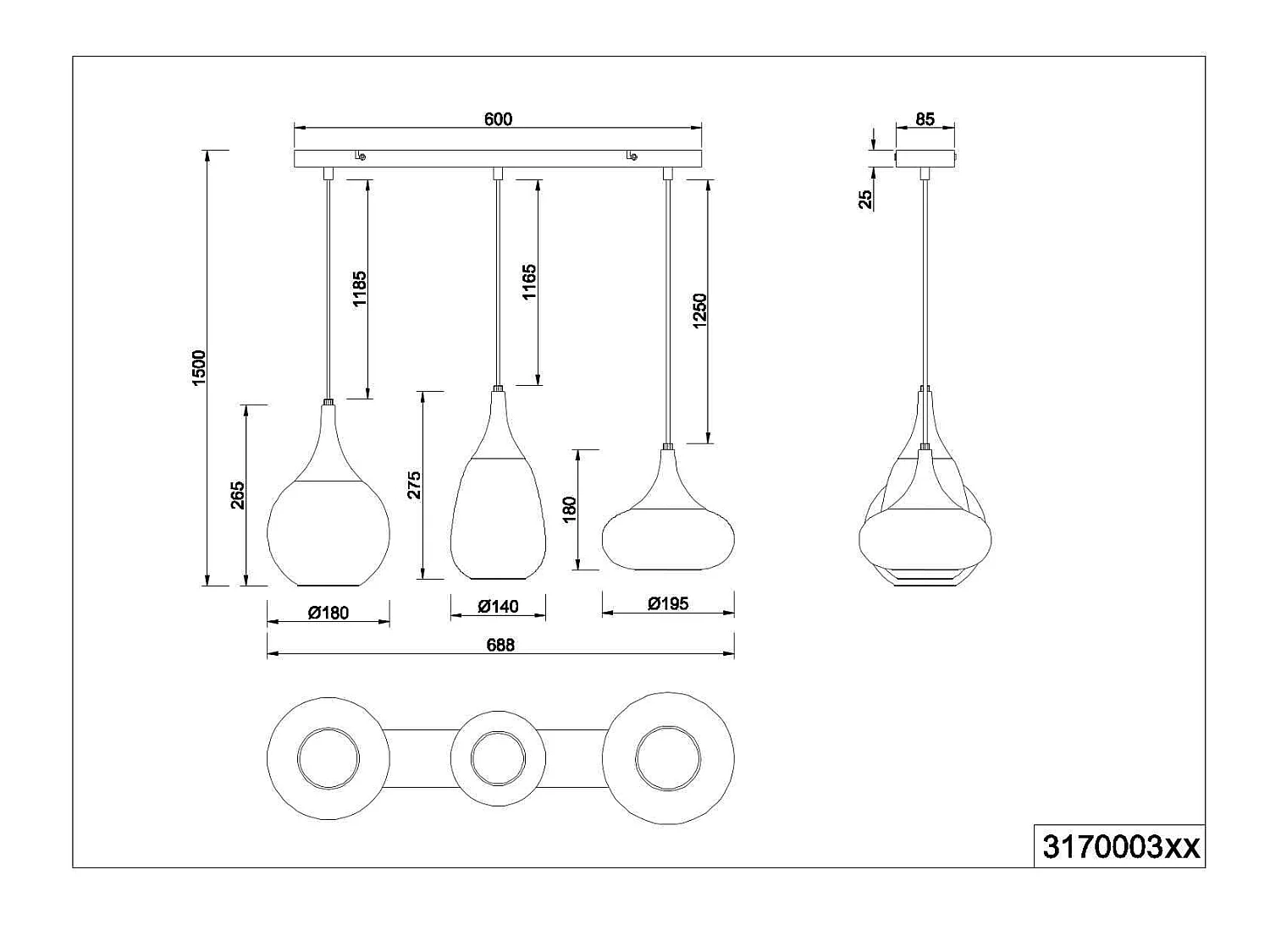 Lampada a sopensione 3 diffusori, metallo, nero e ambra, L 68 cm, Lumina