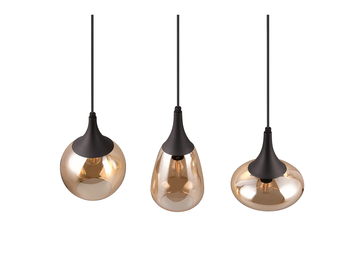 Lampada a sopensione 3 diffusori, metallo, nero e ambra, L 68 cm, Lumina