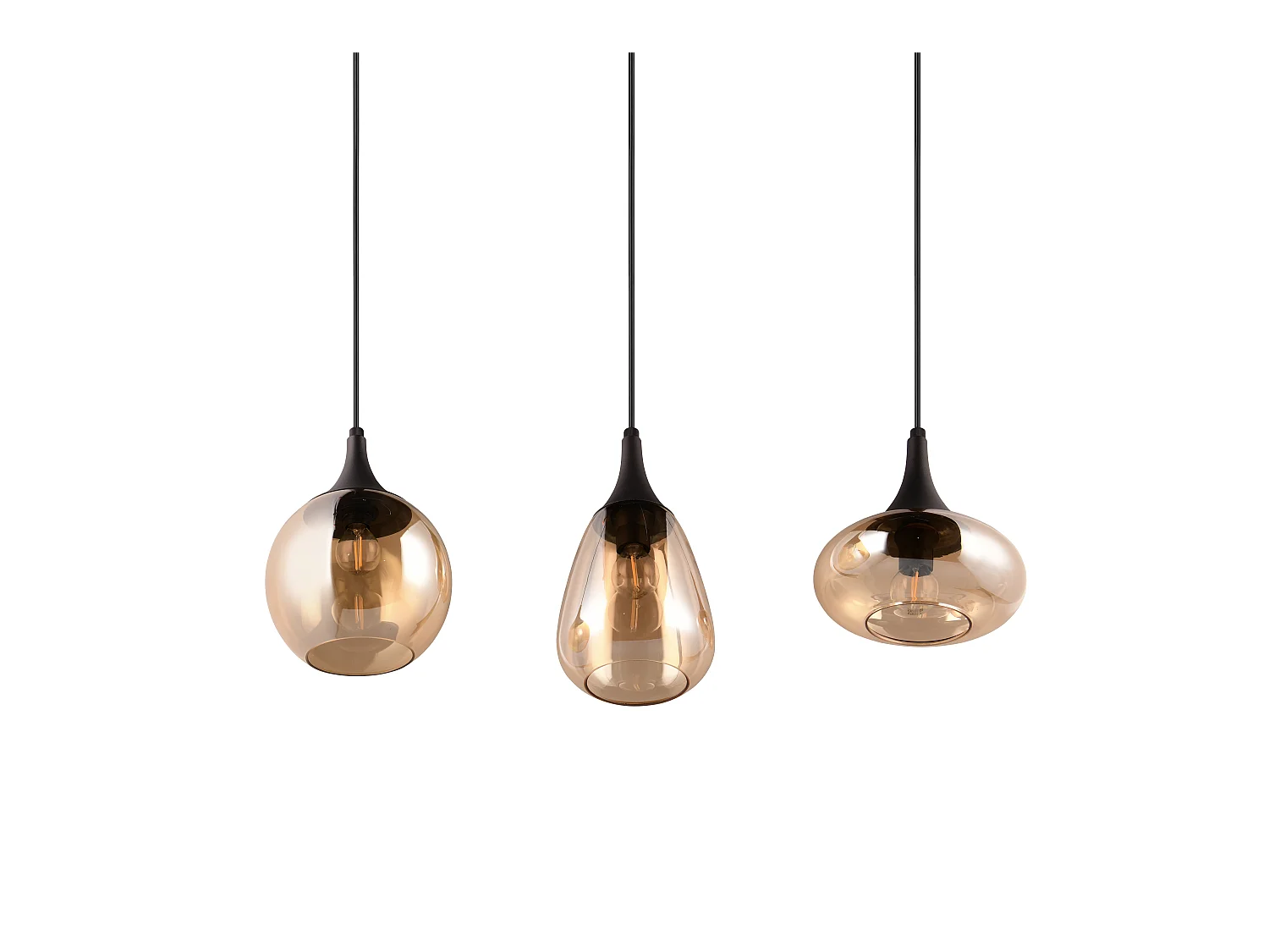 Lampada a sopensione 3 diffusori, metallo, nero e ambra, L 68 cm, Lumina