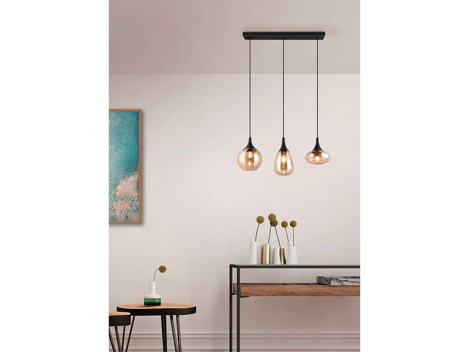 Lampada a sopensione 3 diffusori, metallo, nero e ambra, L 68 cm, Lumina