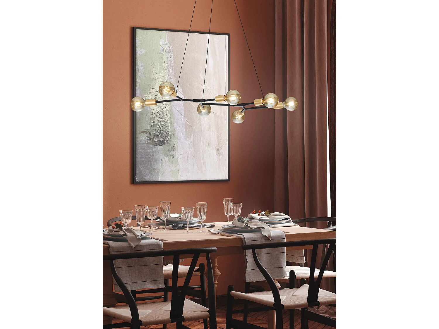 Lampada a sospensione 7 luci, metallo, nero e oro, L 130 cm, Cross