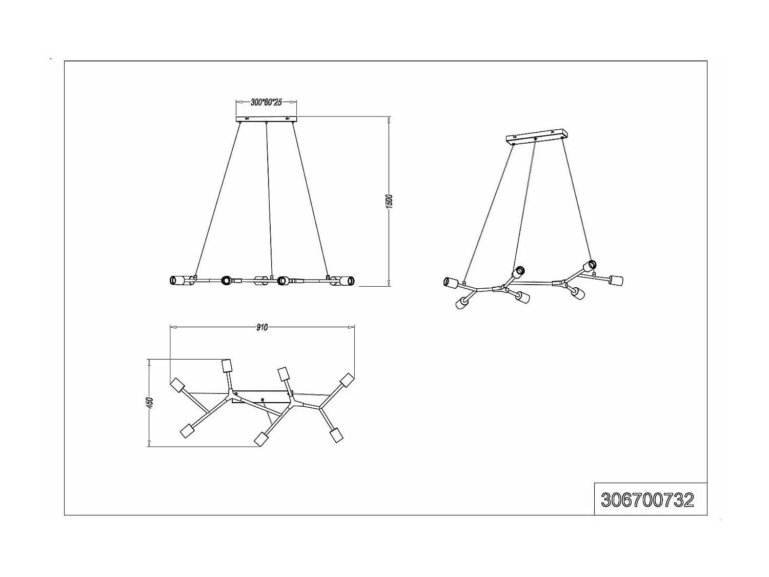 Lampada a sospensione 7 luci, metallo, nero e oro, L 130 cm, Cross