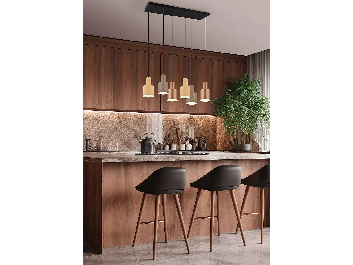 Lampada a sospensione 6 diffusori, metallo, multicolor, 85x150x27 cm, Agudo