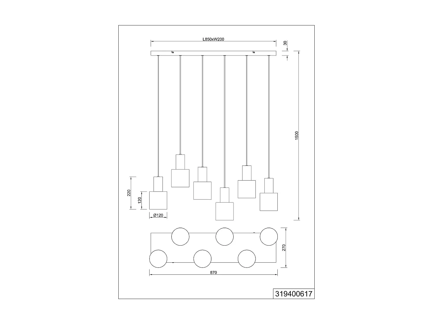 Lampada a sospensione 6 diffusori, metallo, multicolor, 85x150x27 cm, Agudo
