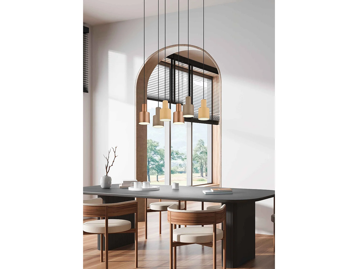 Lampada a sospensione 6 diffusori, metallo, multicolor, 85x150x27 cm, Agudo