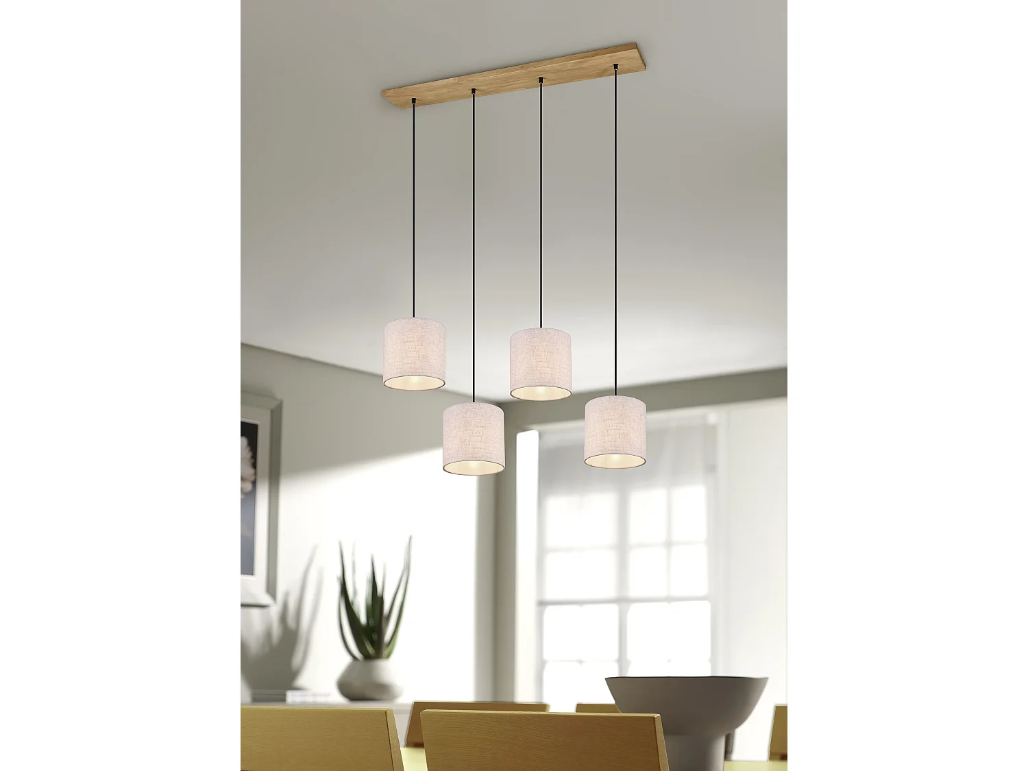 Lampada a sospensione 4 paralumi, legno, sabbia, L 100 cm, Elmau