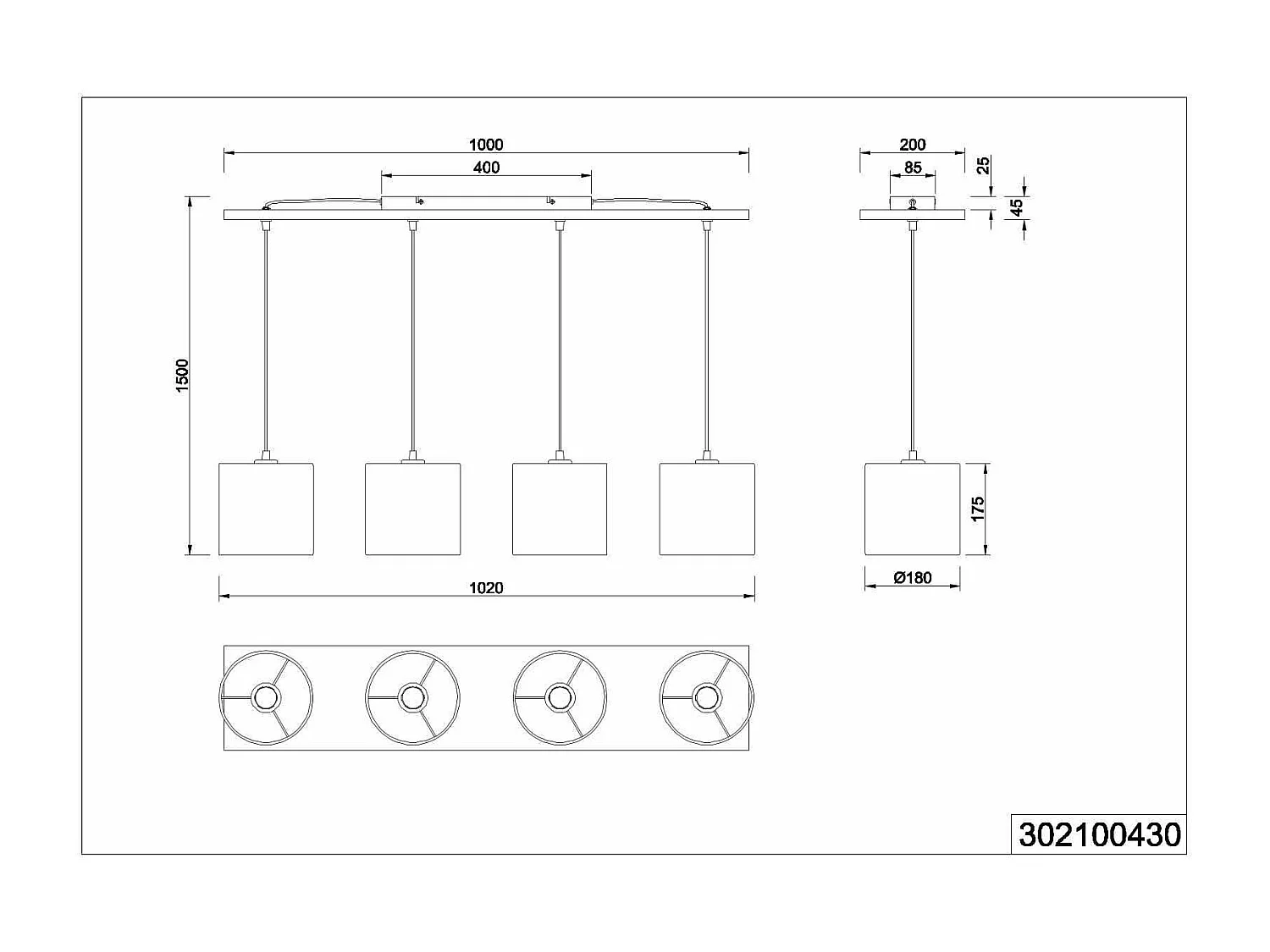 Lampada a sospensione 4 paralumi, legno, sabbia, L 100 cm, Elmau