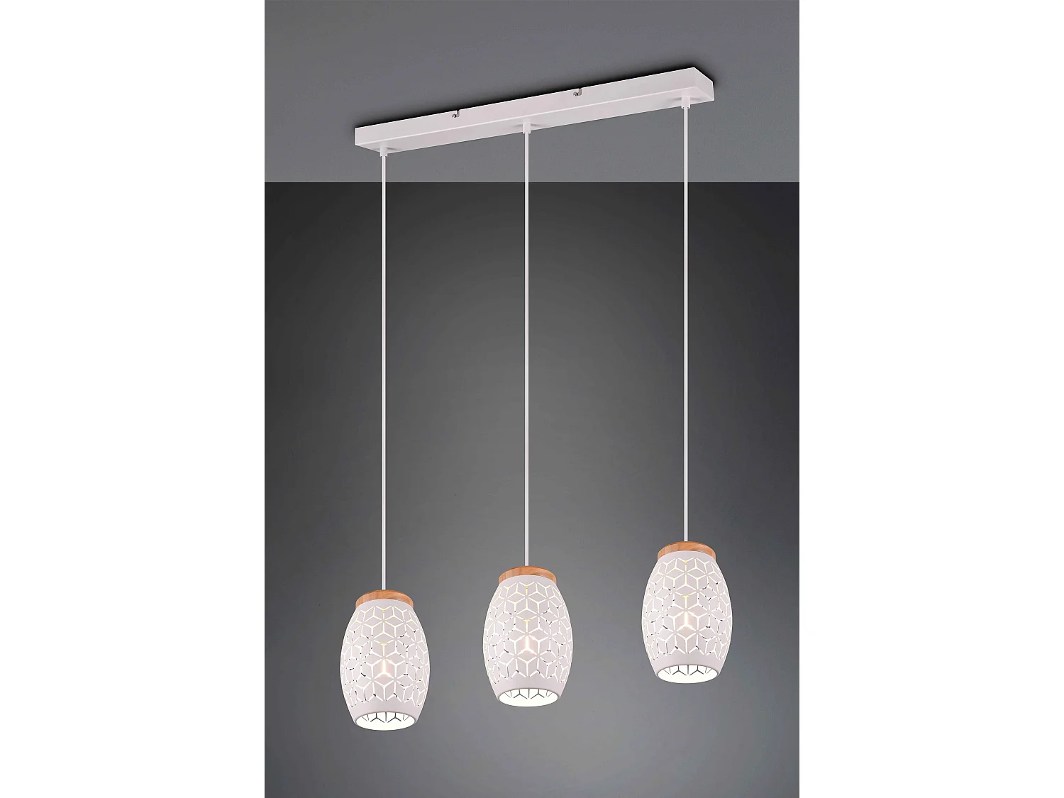 Lampada a sospensione 3 diffusori, metallo e legno, bianco, L 71 cm, Bidar