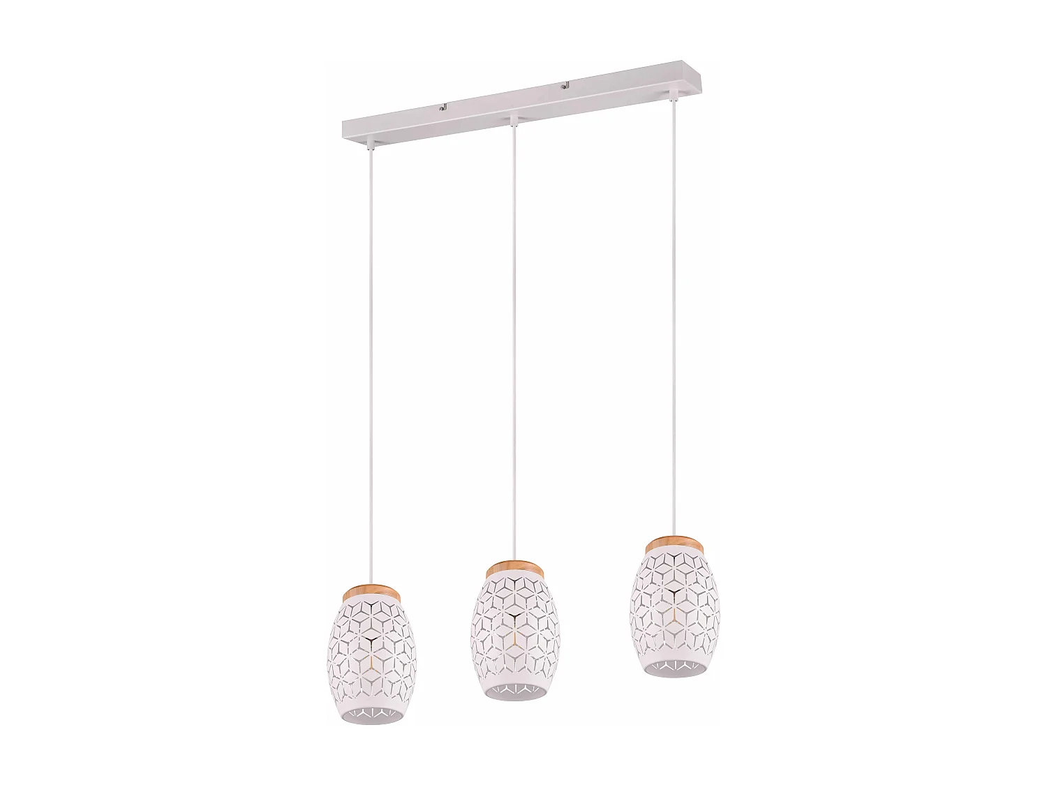 Lampada a sospensione 3 diffusori, metallo e legno, bianco, L 71 cm, Bidar