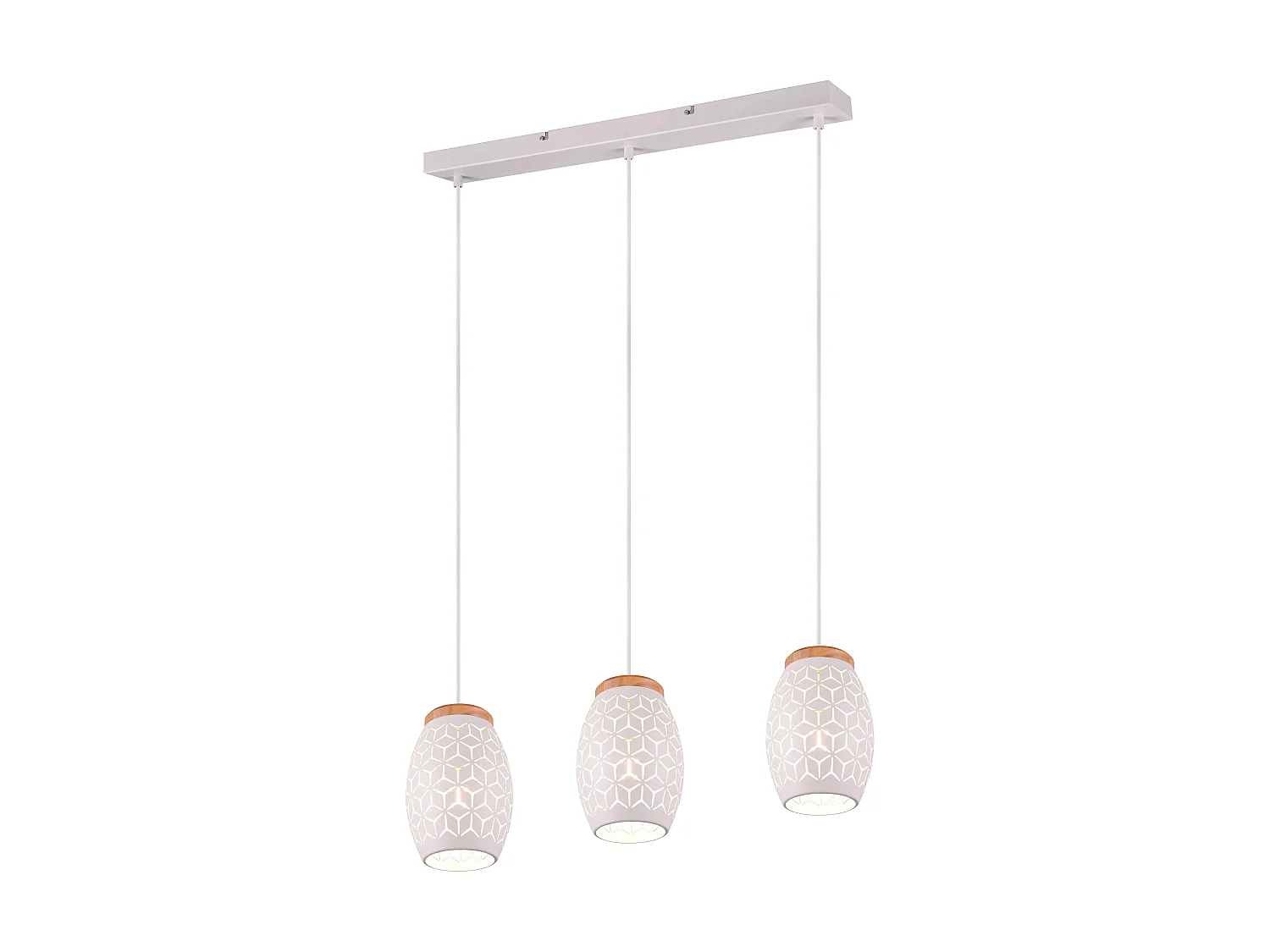 Lampada a sospensione 3 diffusori, metallo e legno, bianco, L 71 cm, Bidar