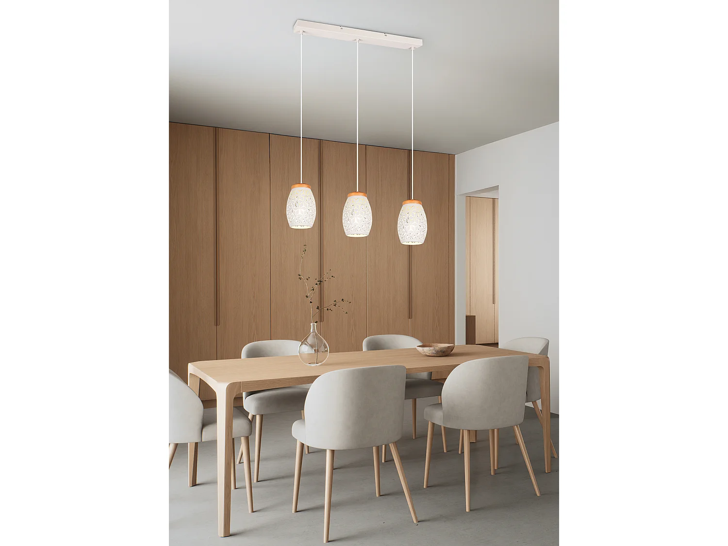 Lampada a sospensione 3 diffusori, metallo e legno, bianco, L 71 cm, Bidar