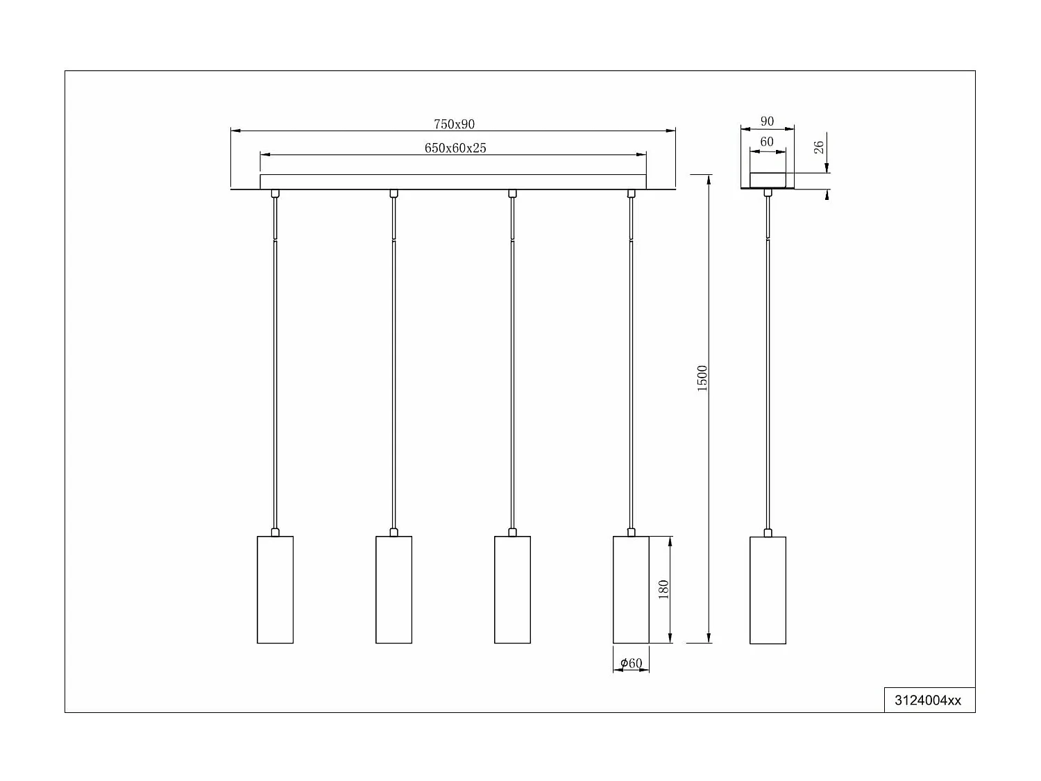 Lampada a sospensione 4 cilindri, metallo, nero, L 75 cm, Marley