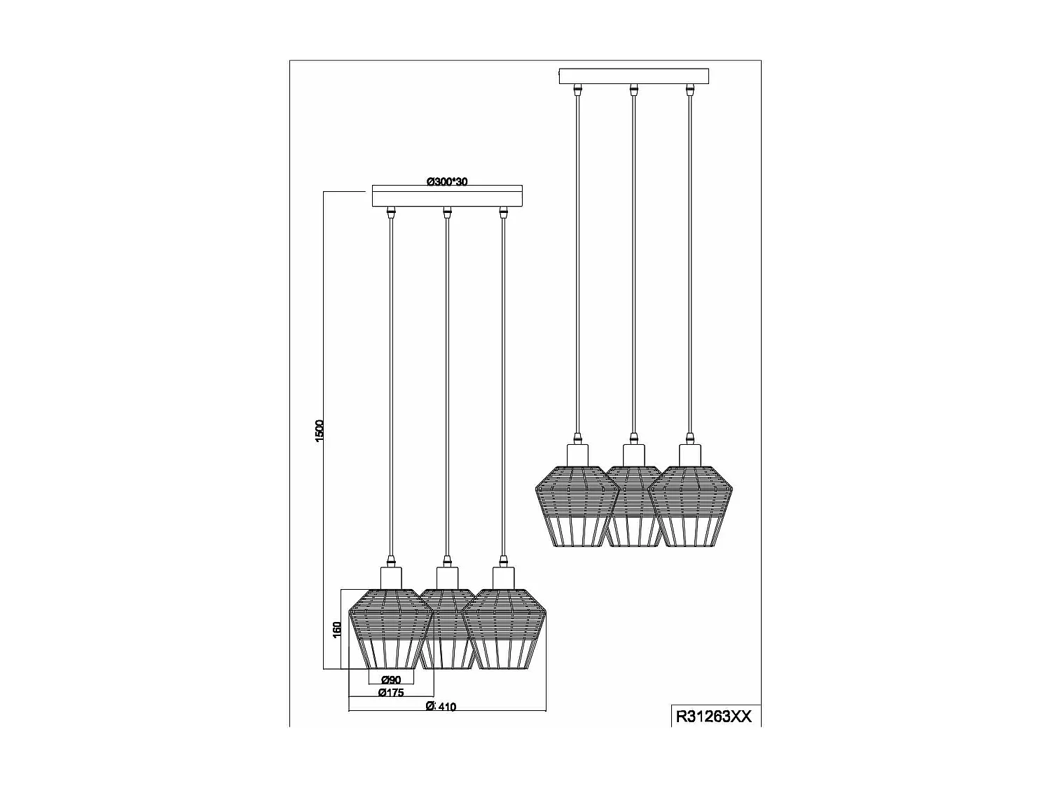 Lampada a sospensione 3 diffusori, rattan, D 41 cm, Borka