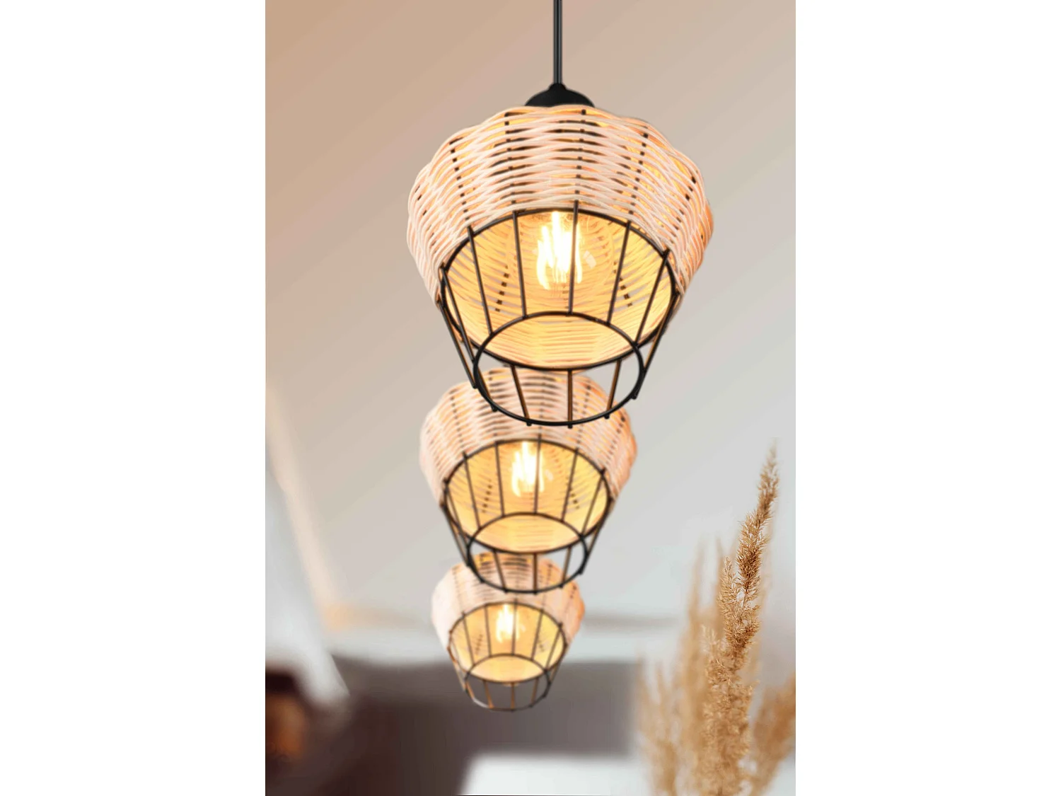 Lampada a sospensione 3 diffusori, rattan, D 41 cm, Borka