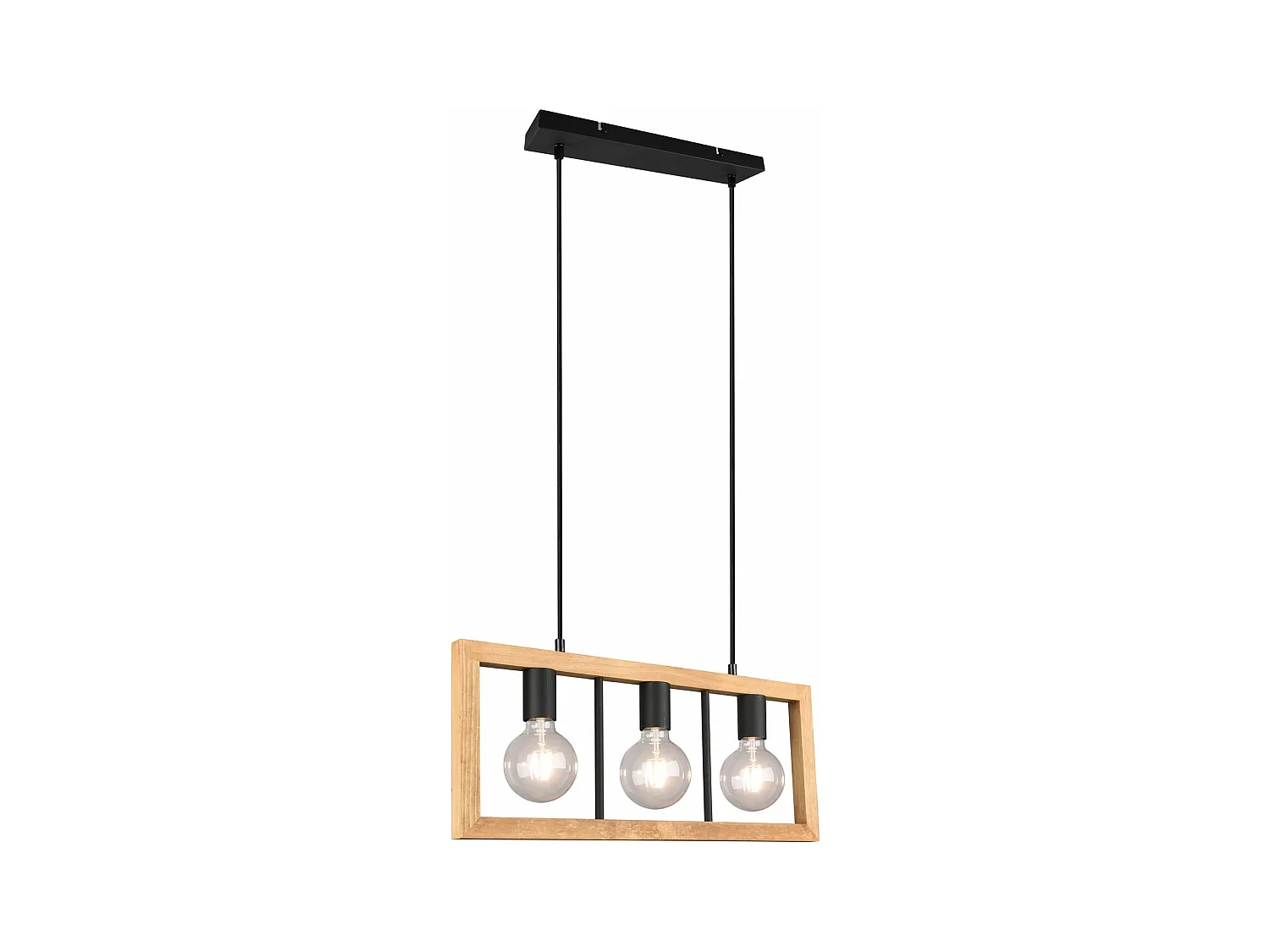 Lampada a sospensione 3 luci, legno e metallo, 60x150x8 cm, Agra