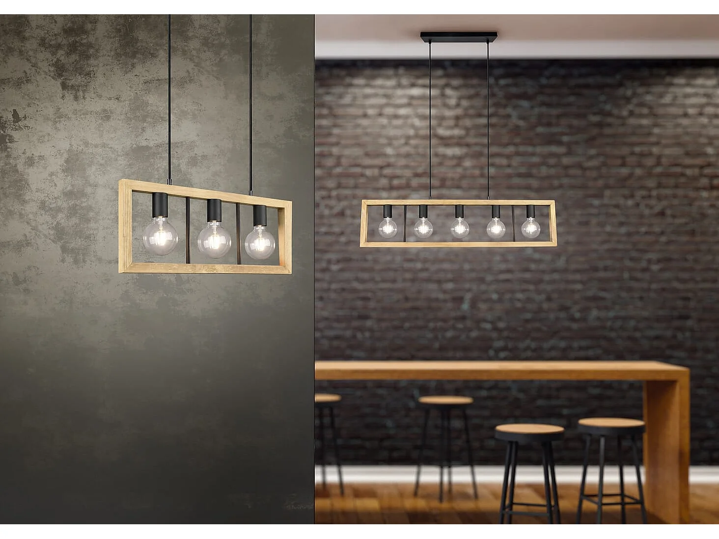 Lampada a sospensione 3 luci, legno e metallo, 60x150x8 cm, Agra