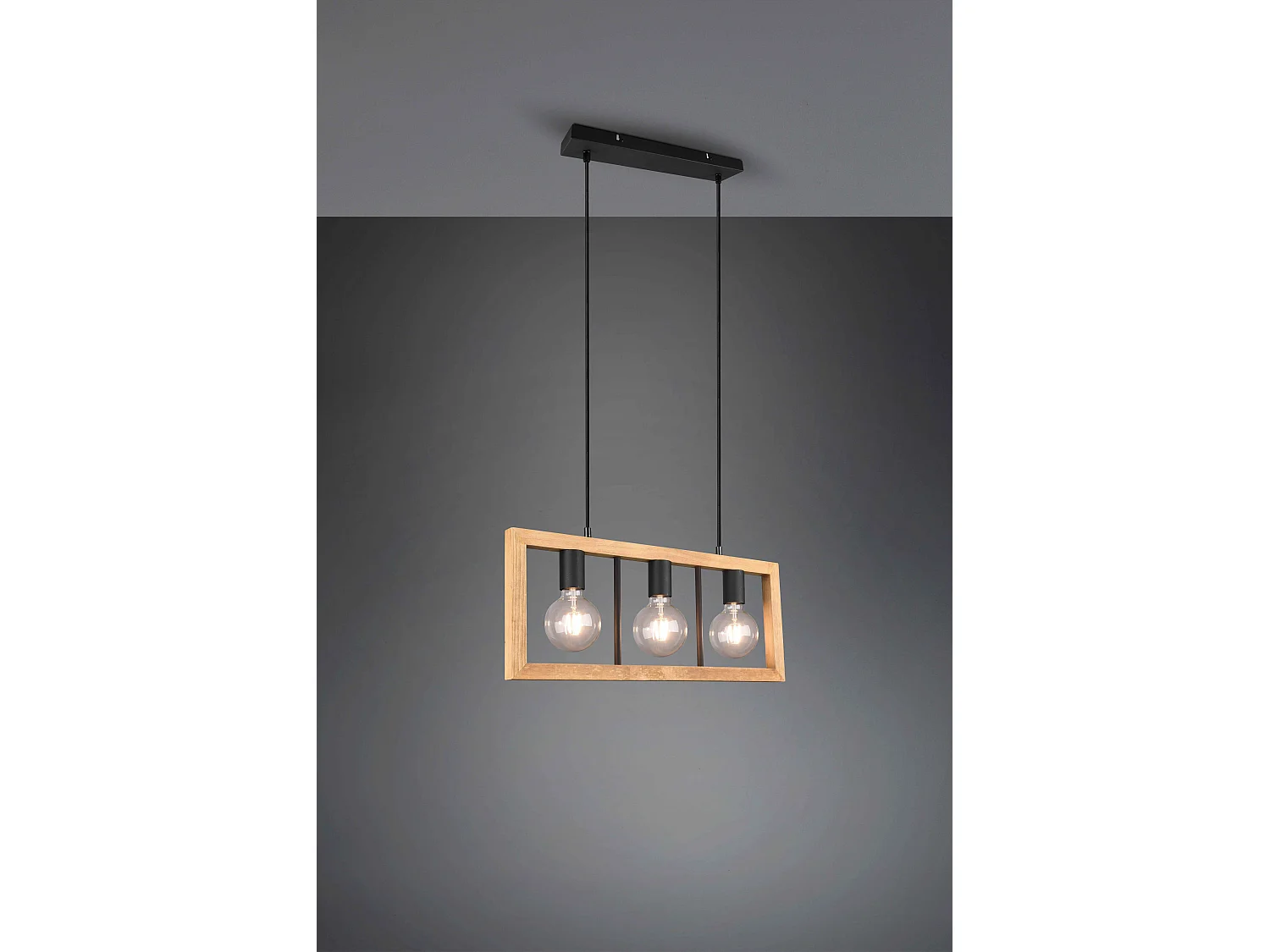 Lampada a sospensione 3 luci, legno e metallo, 60x150x8 cm, Agra