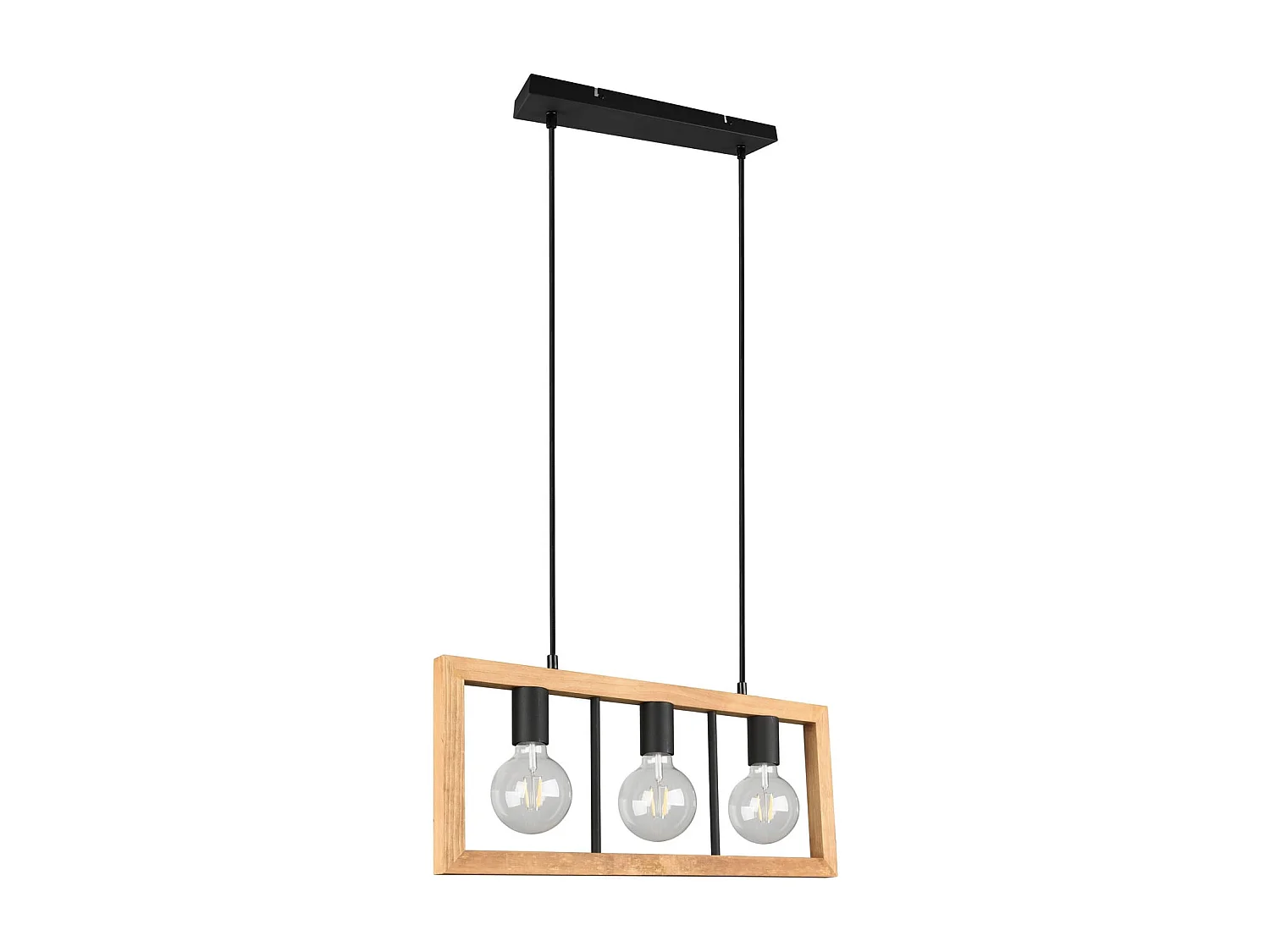 Lampada a sospensione 3 luci, legno e metallo, 60x150x8 cm, Agra