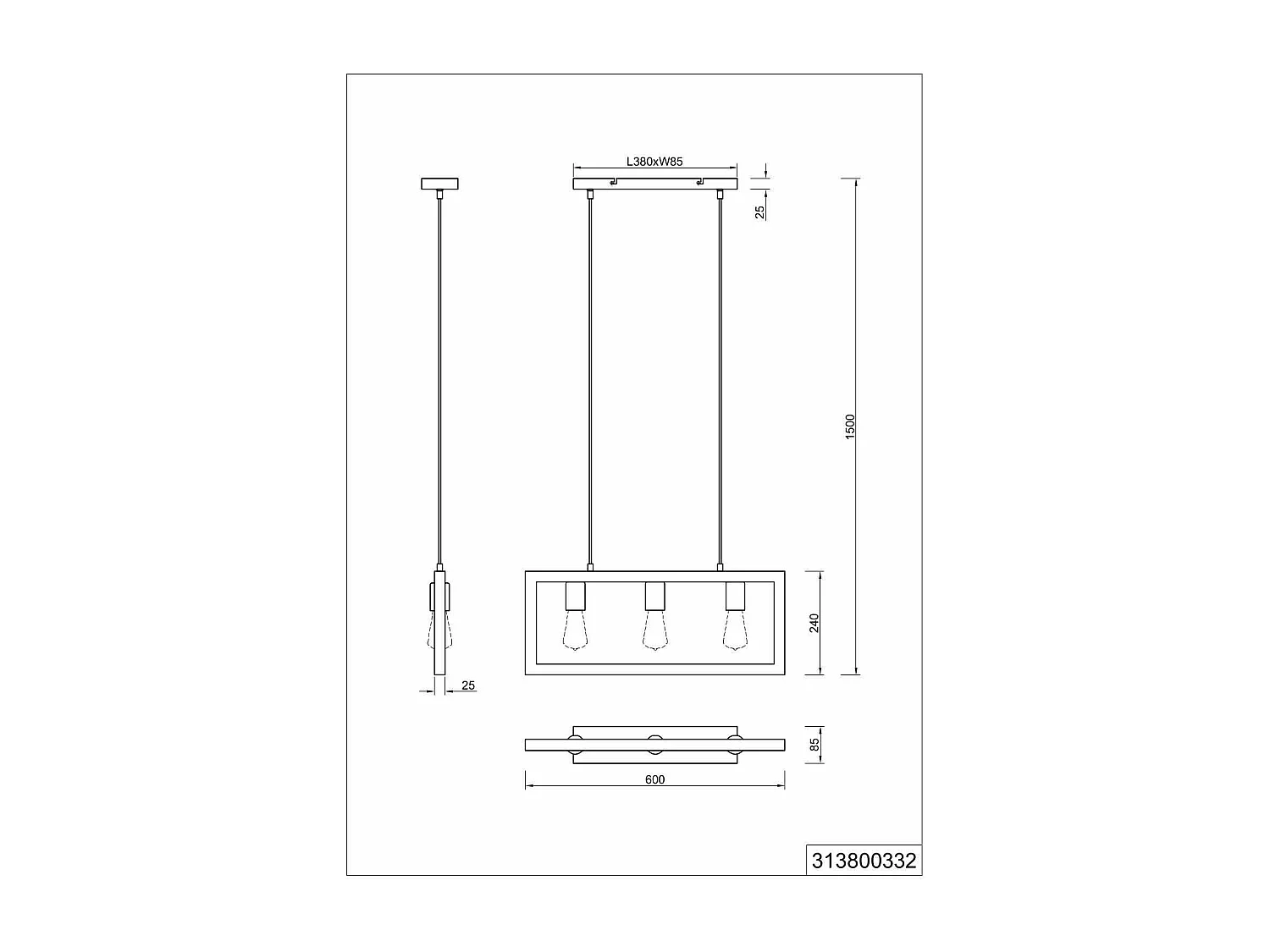 Lampada a sospensione 3 luci, legno e metallo, 60x150x8 cm, Agra