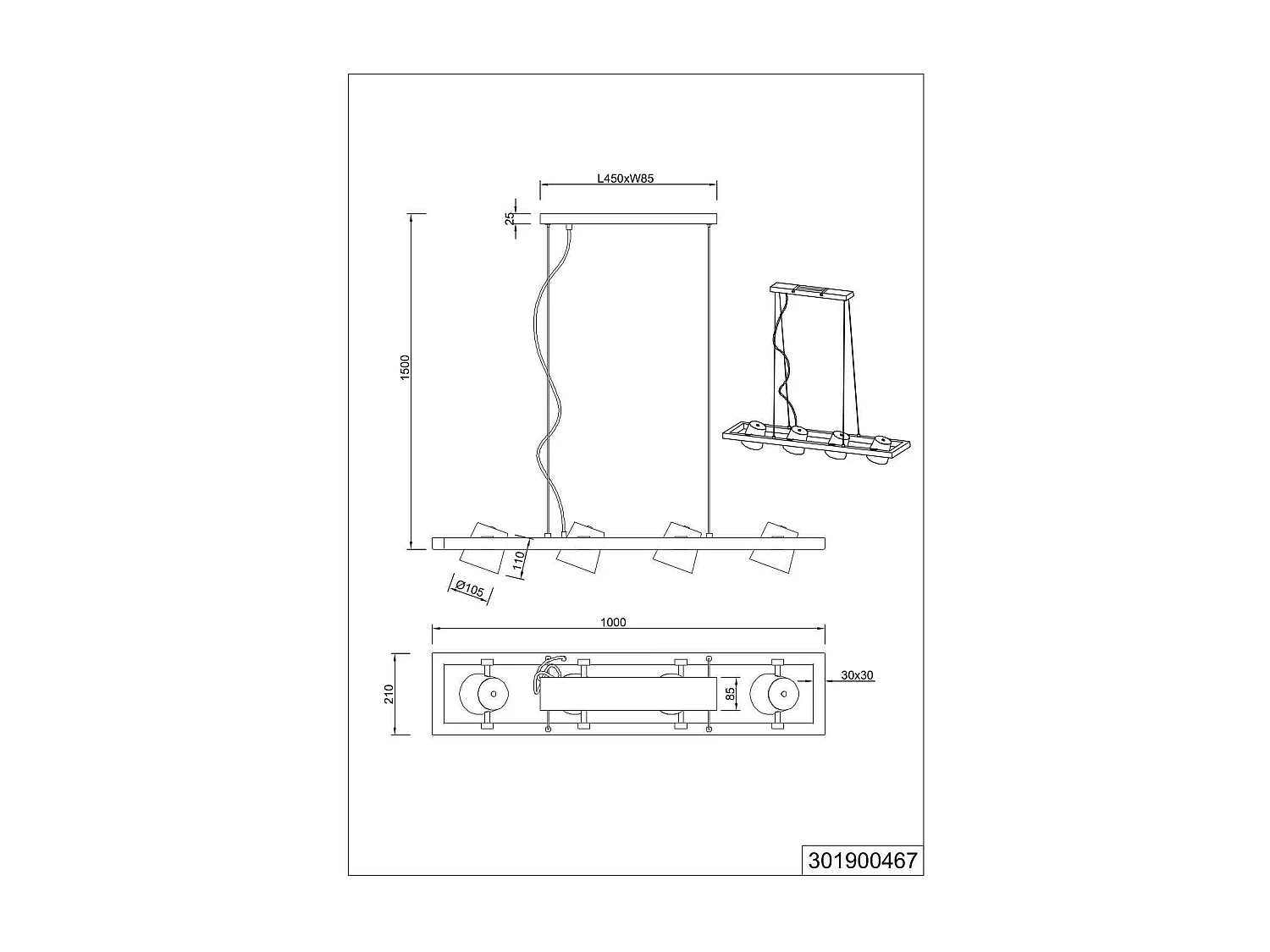 Lampada a sospensione 4 faretti, acciaio anticato e oro, L 100 cm, Bell