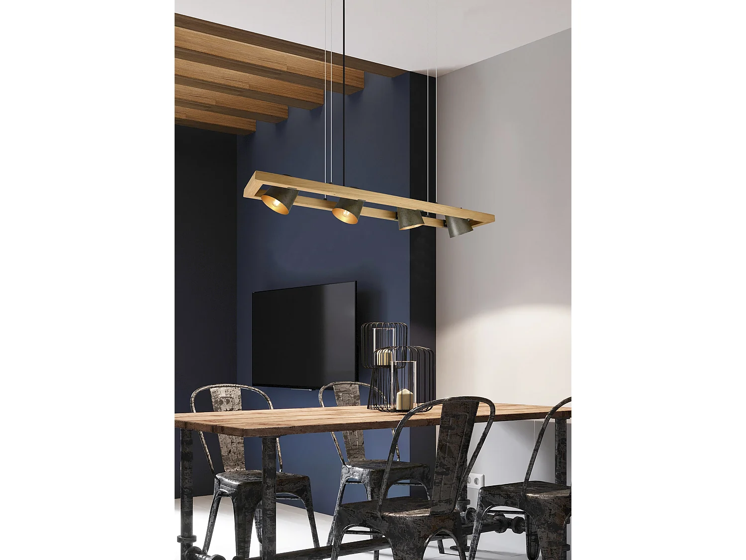 Lampada a sospensione 4 faretti, acciaio anticato e oro, L 100 cm, Bell