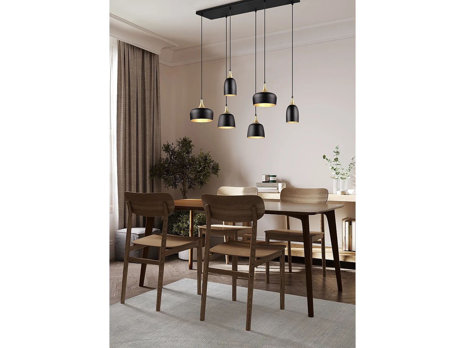 Lampada a sospensione 6 diffusori, metallo, nero e oro, L 91 cm, Chiraz