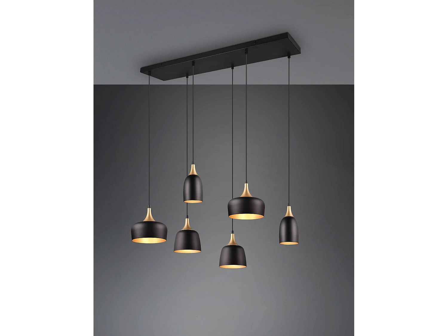 Lampada a sospensione 6 diffusori, metallo, nero e oro, L 91 cm, Chiraz