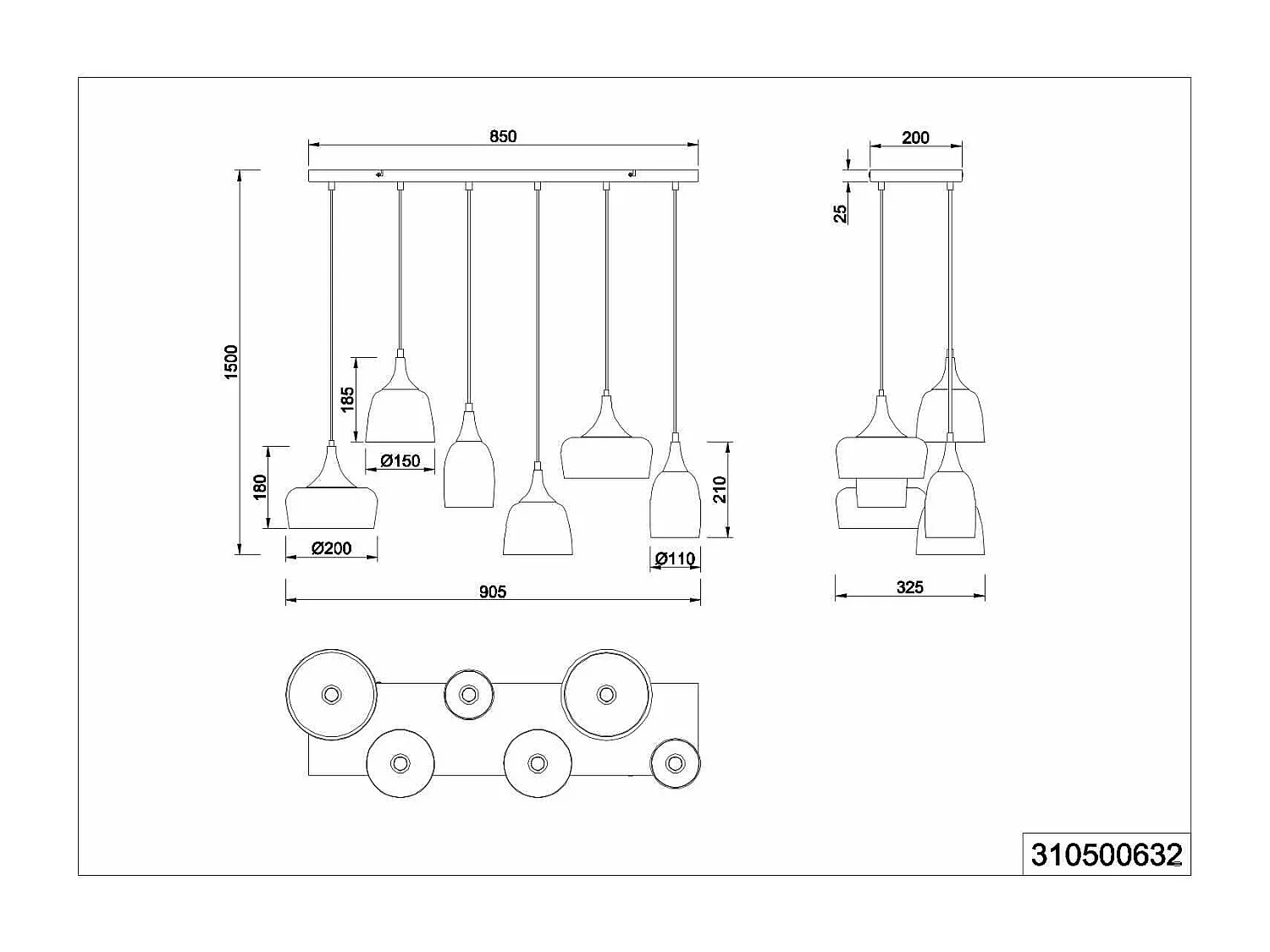 Lampada a sospensione 6 diffusori, metallo, nero e oro, L 91 cm, Chiraz