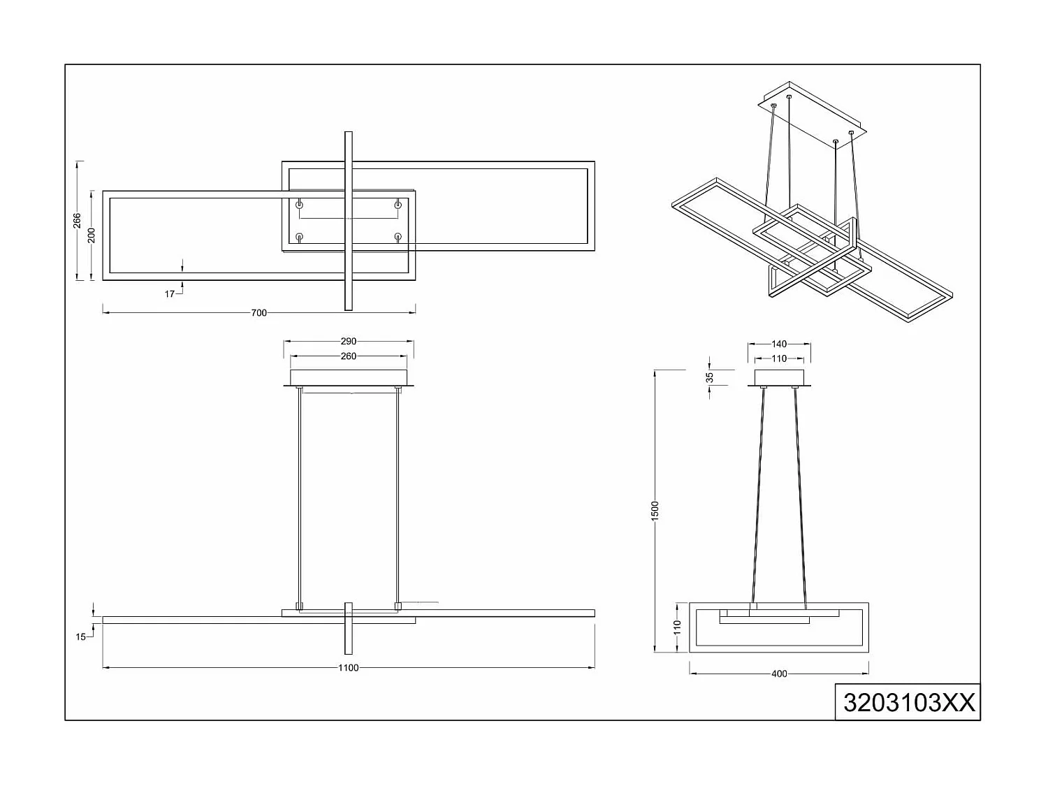 Lampada a sospensione triplo rettangolo, metallo, bianco, L 110 cm, Salinas