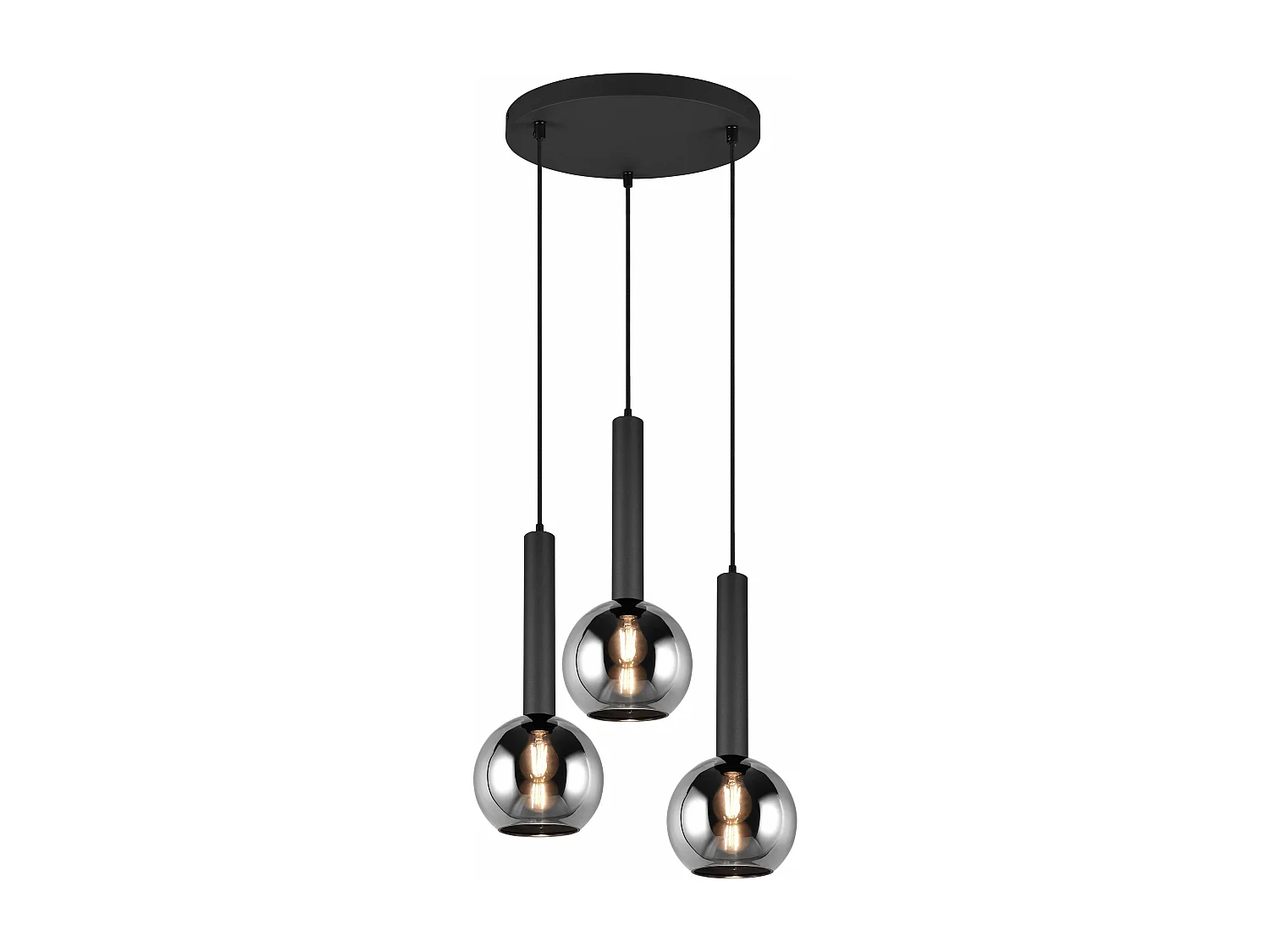 Lampada a sospensione 3 vetri, metallo e vetro, nero e fumé, D 45 cm, Clayton