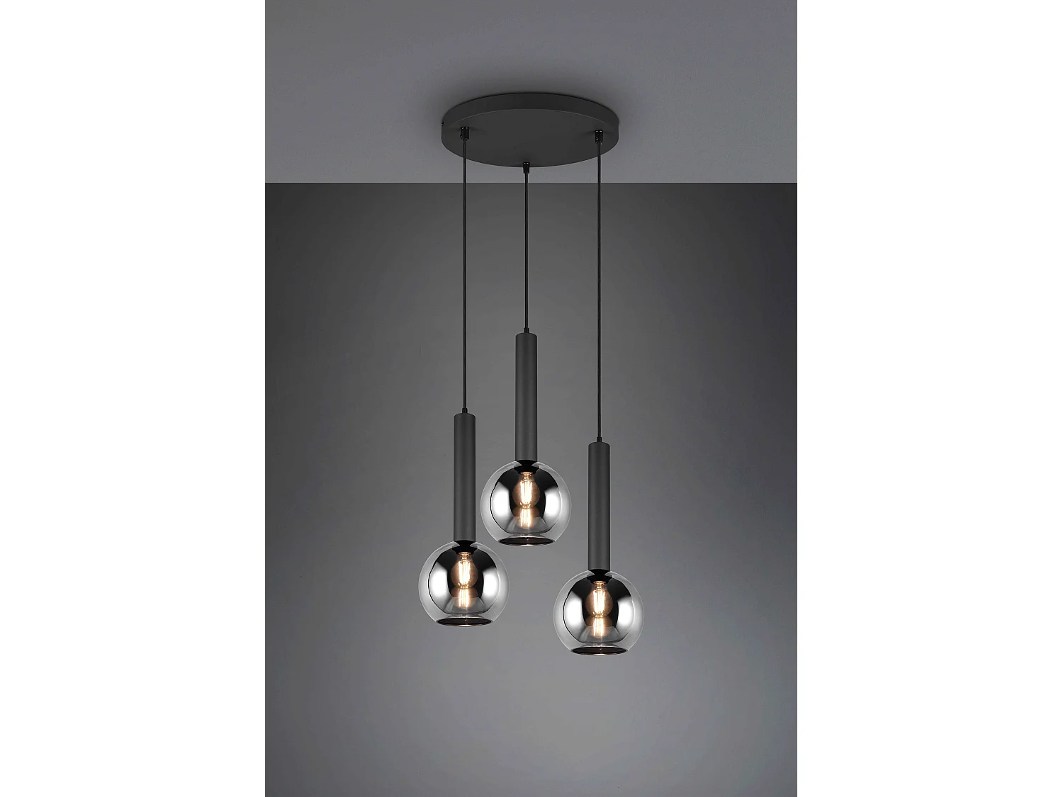 Lampada a sospensione 3 vetri, metallo e vetro, nero e fumé, D 45 cm, Clayton