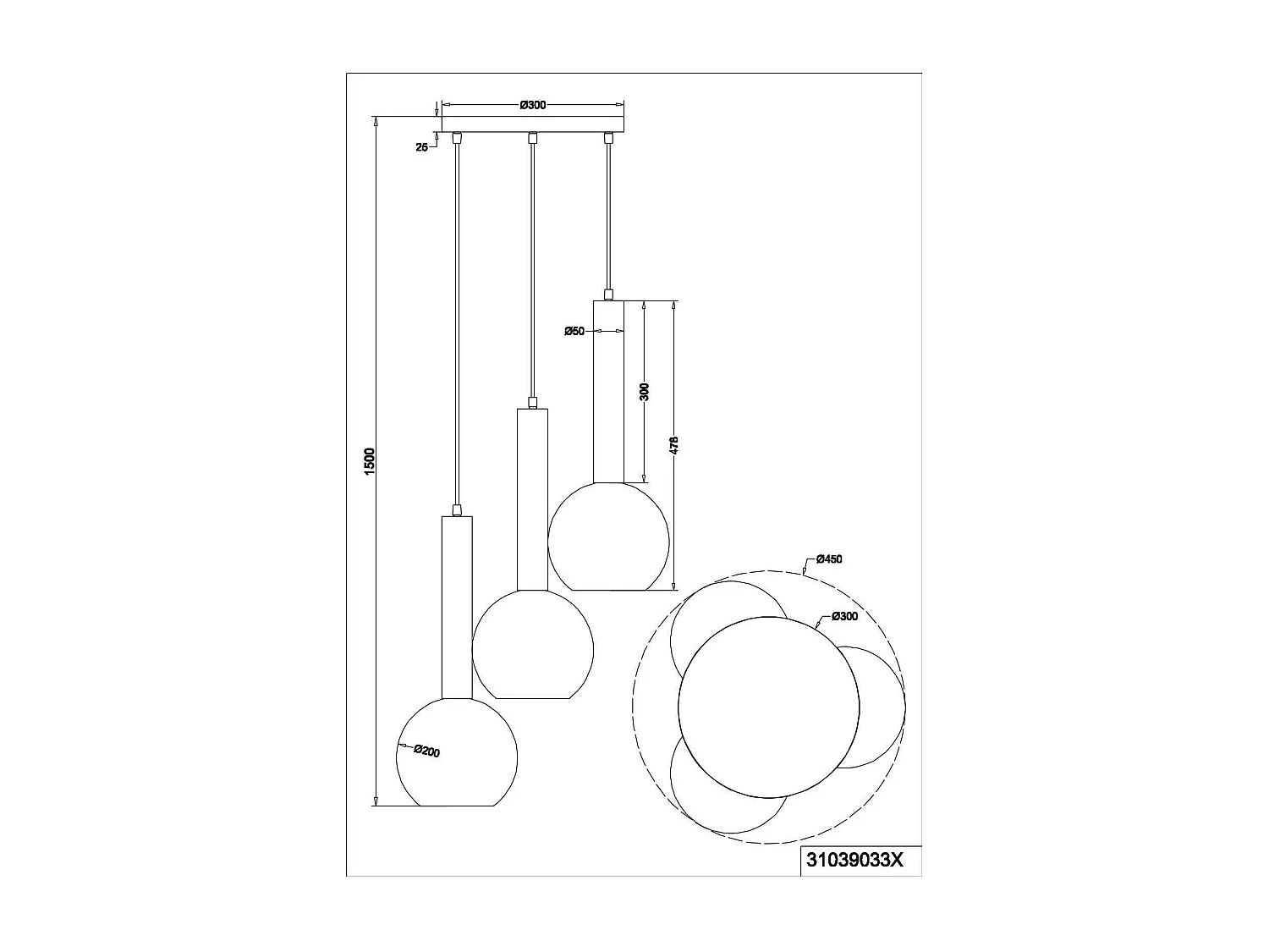 Lampada a sospensione 3 vetri, metallo e vetro, nero e fumé, D 45 cm, Clayton