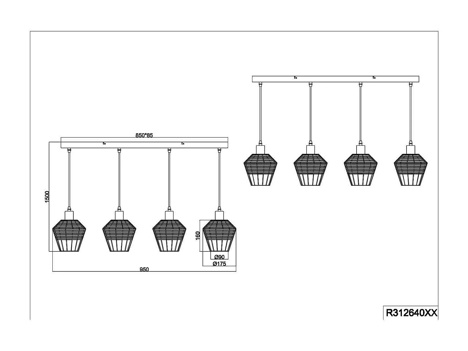 Lampada a sospensione 4 diffusori, rattan, L 95 cm, Borka