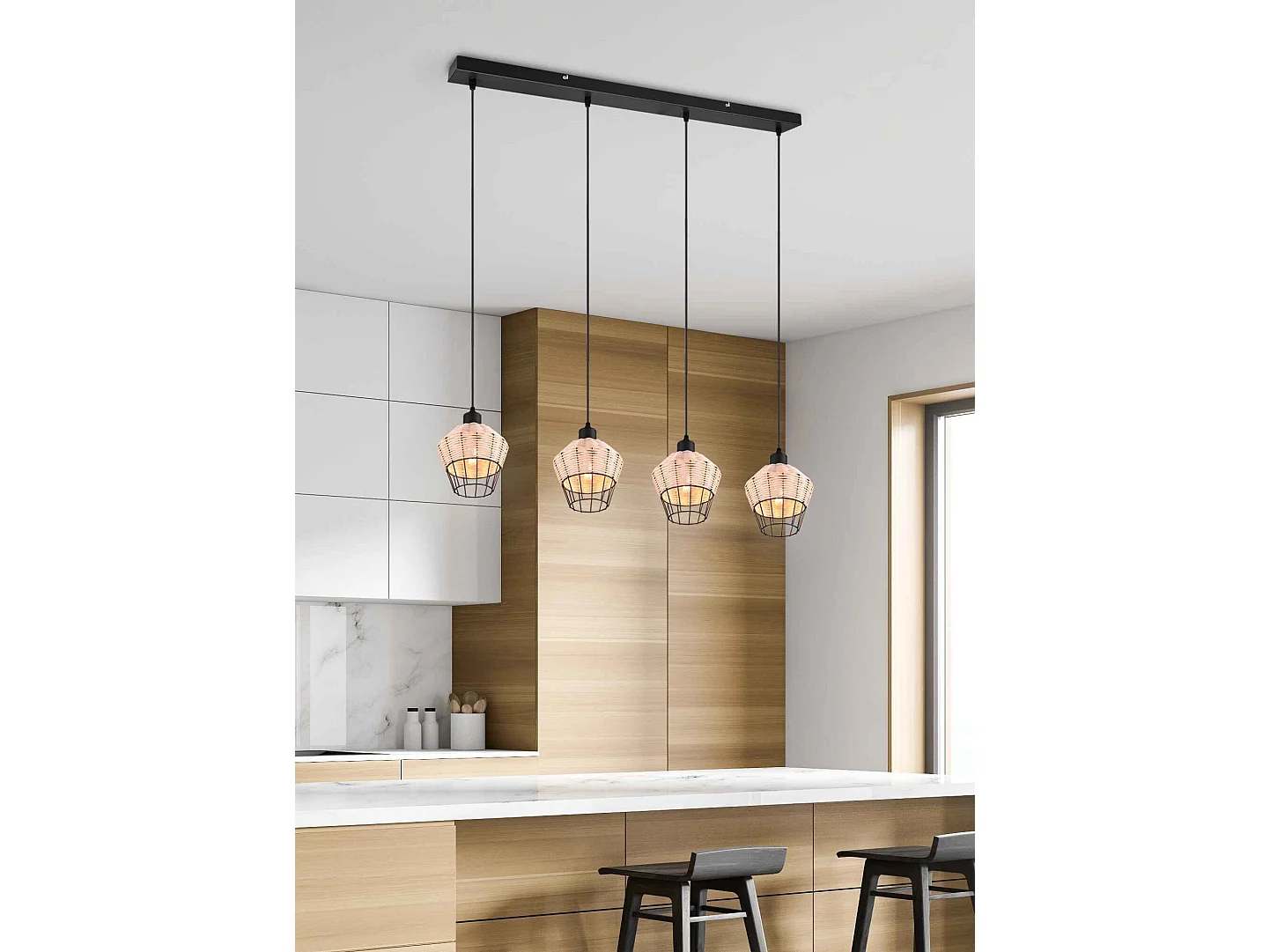 Lampada a sospensione 4 diffusori, rattan, L 95 cm, Borka