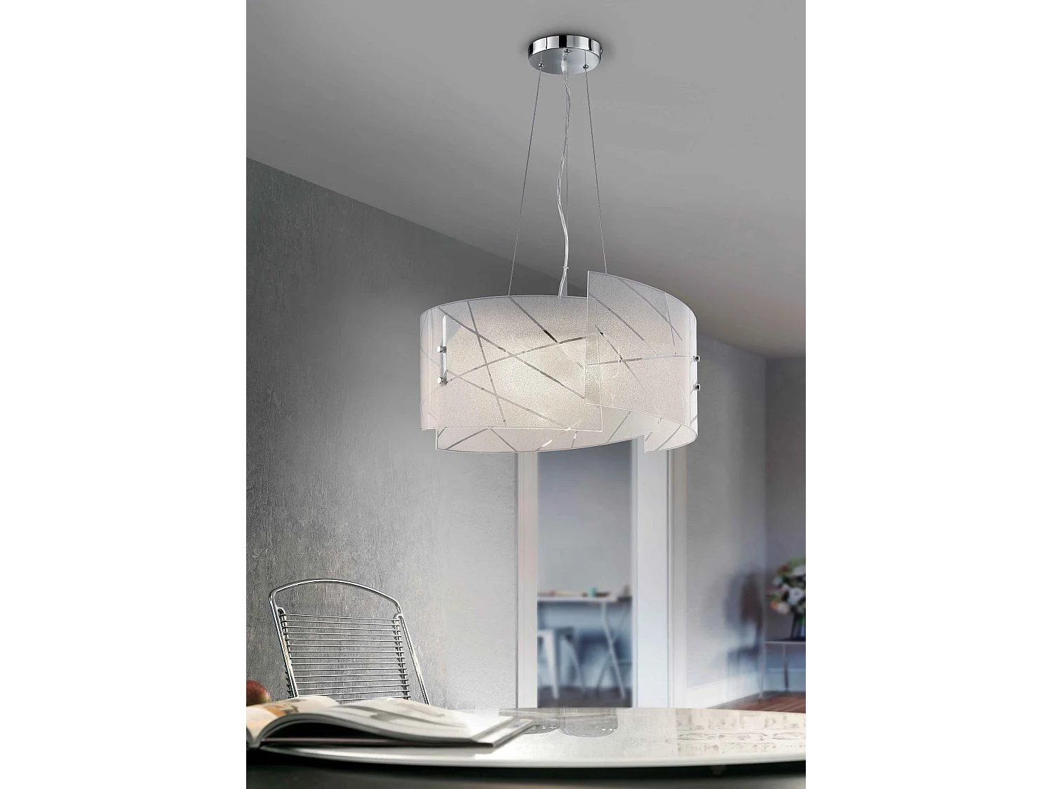 Lampada a sospensione 3 vetri, graniglia con righe, D 50 cm, Sandrina