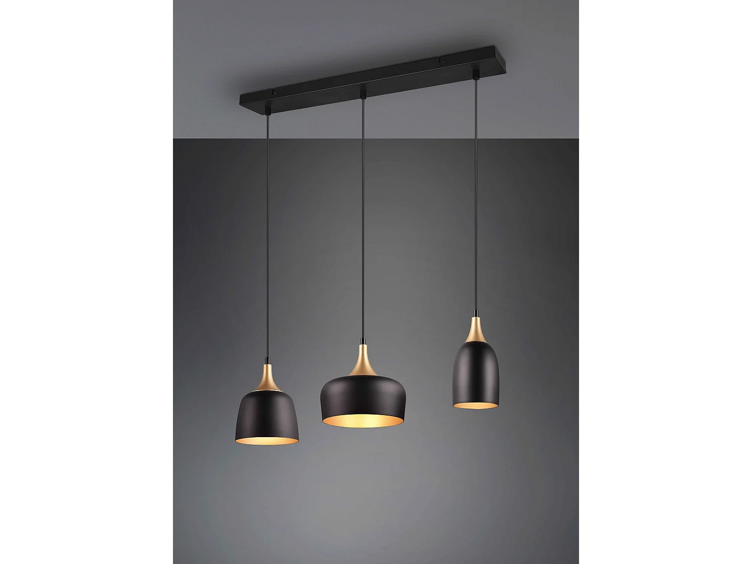 Lampada a sospensione 3 diffusori, metallo, nero e oro, L 63 cm, Chiraz
