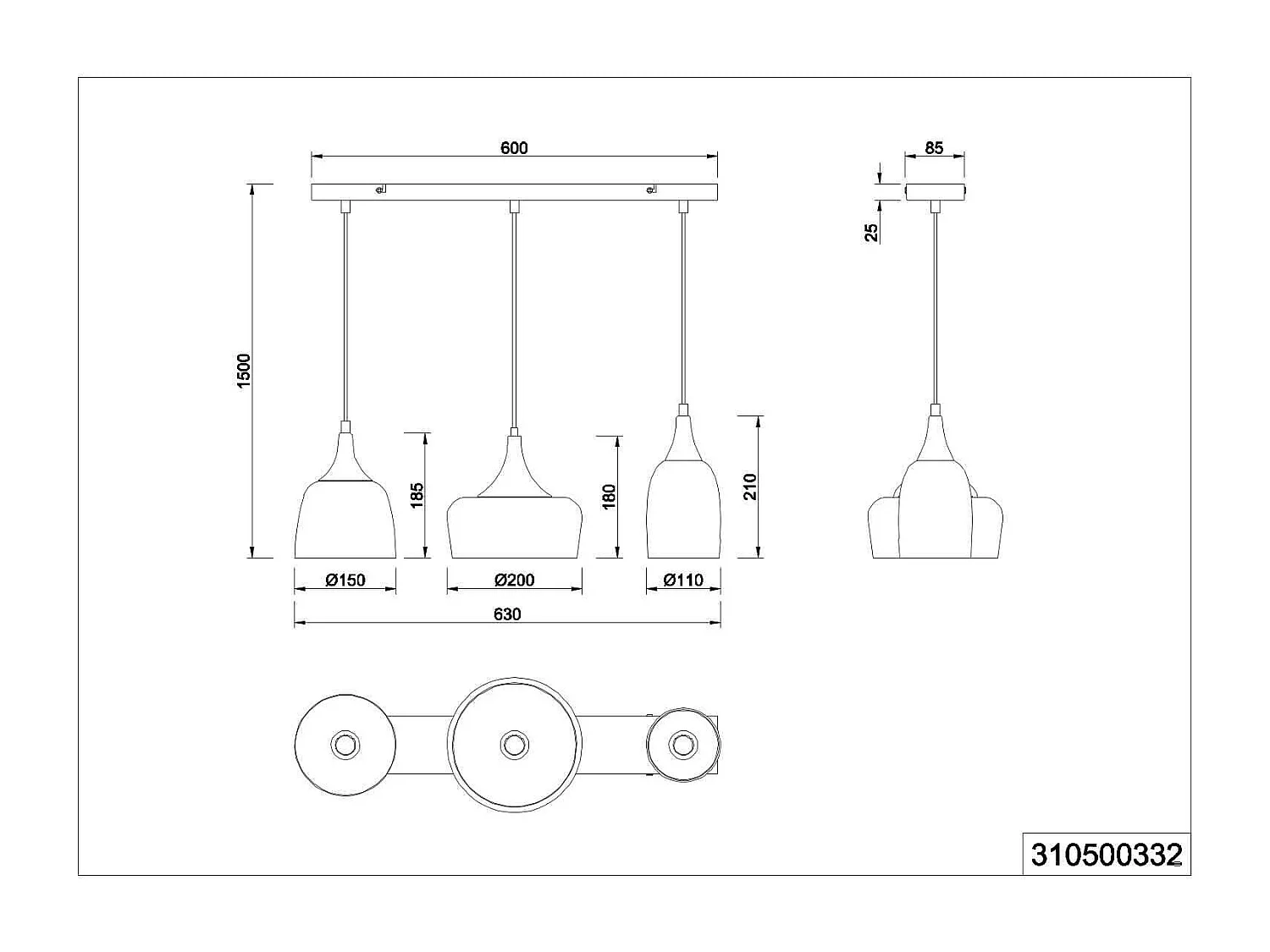 Lampada a sospensione 3 diffusori, metallo, nero e oro, L 63 cm, Chiraz